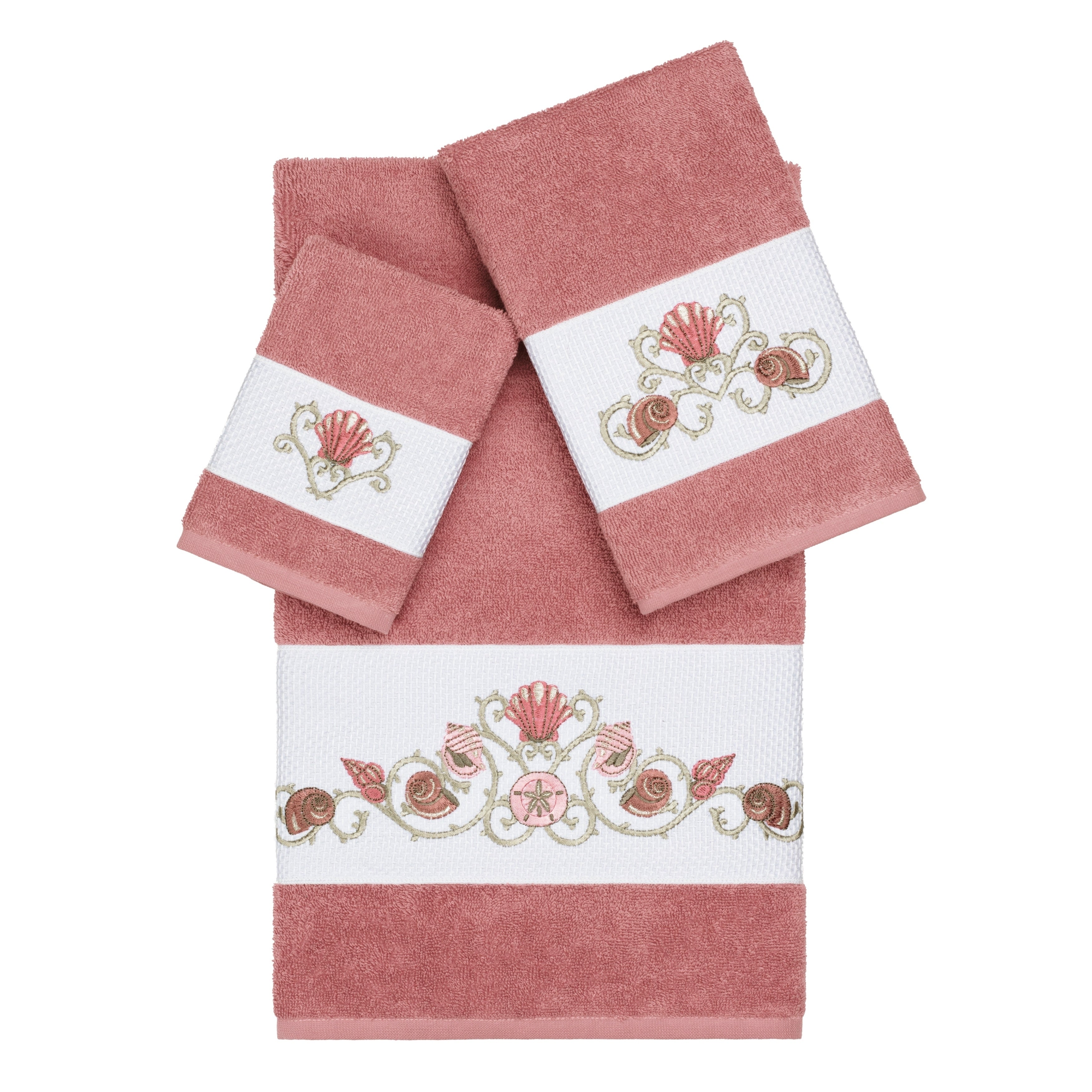 Authentic Hotel And Spa Turkish Cotton Shells Embroidered Tea Rose 3 Piece Towel Set