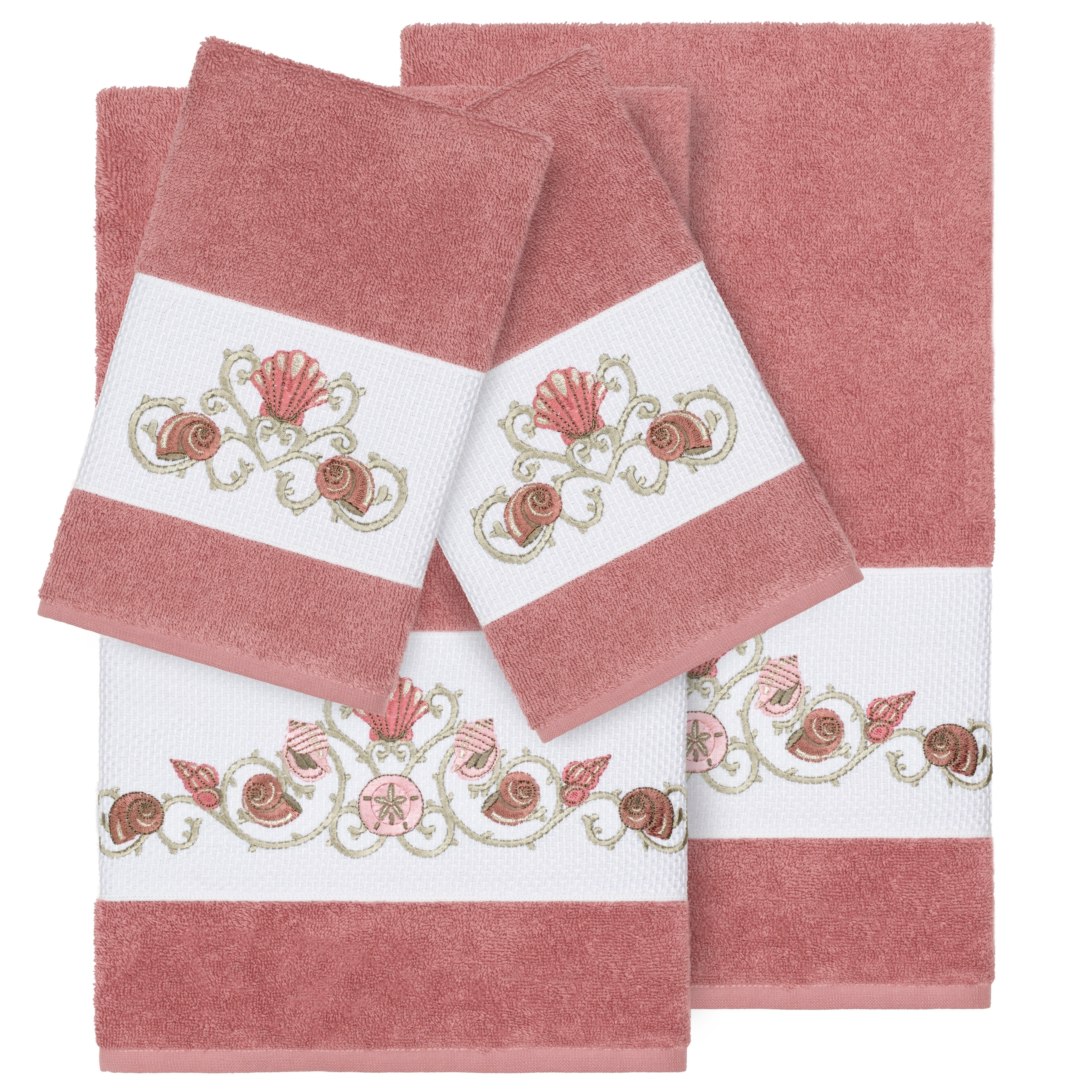 Authentic Hotel And Spa Turkish Cotton Shells Embroidered Tea Rose 4 Piece Towel Set
