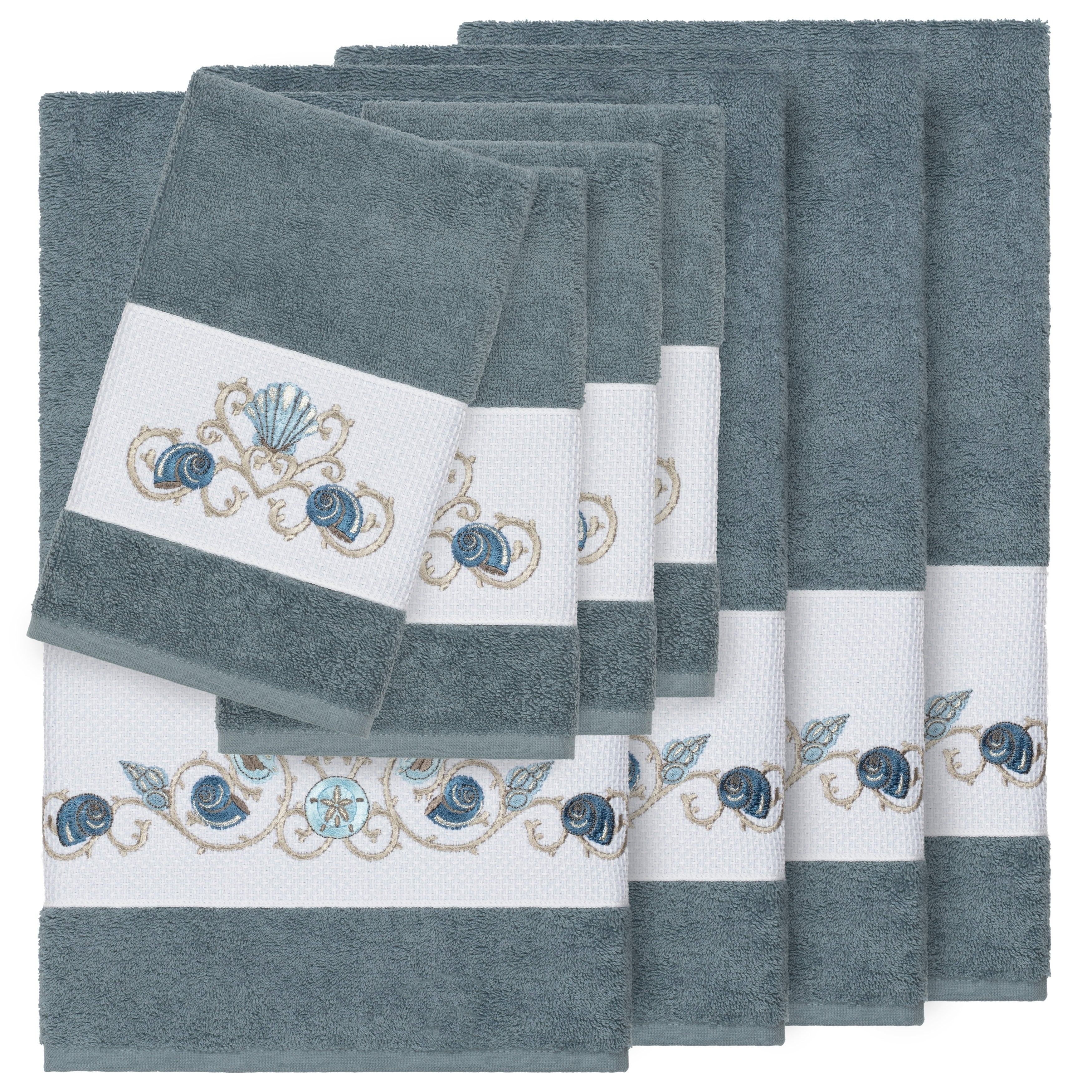 Authentic Hotel And Spa Turkish Cotton Shells Embroidered Teal Blue 8 Piece Towel Set