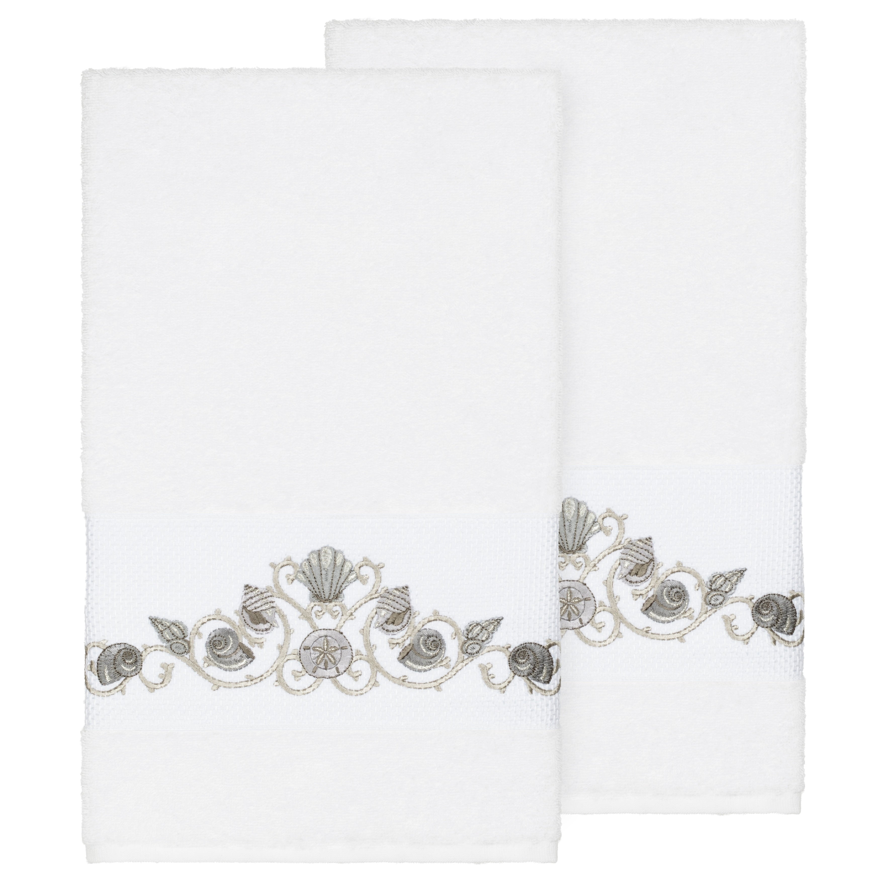Authentic Hotel And Spa Turkish Cotton Shells Embroidered White 2 Piece Bath Towel Set