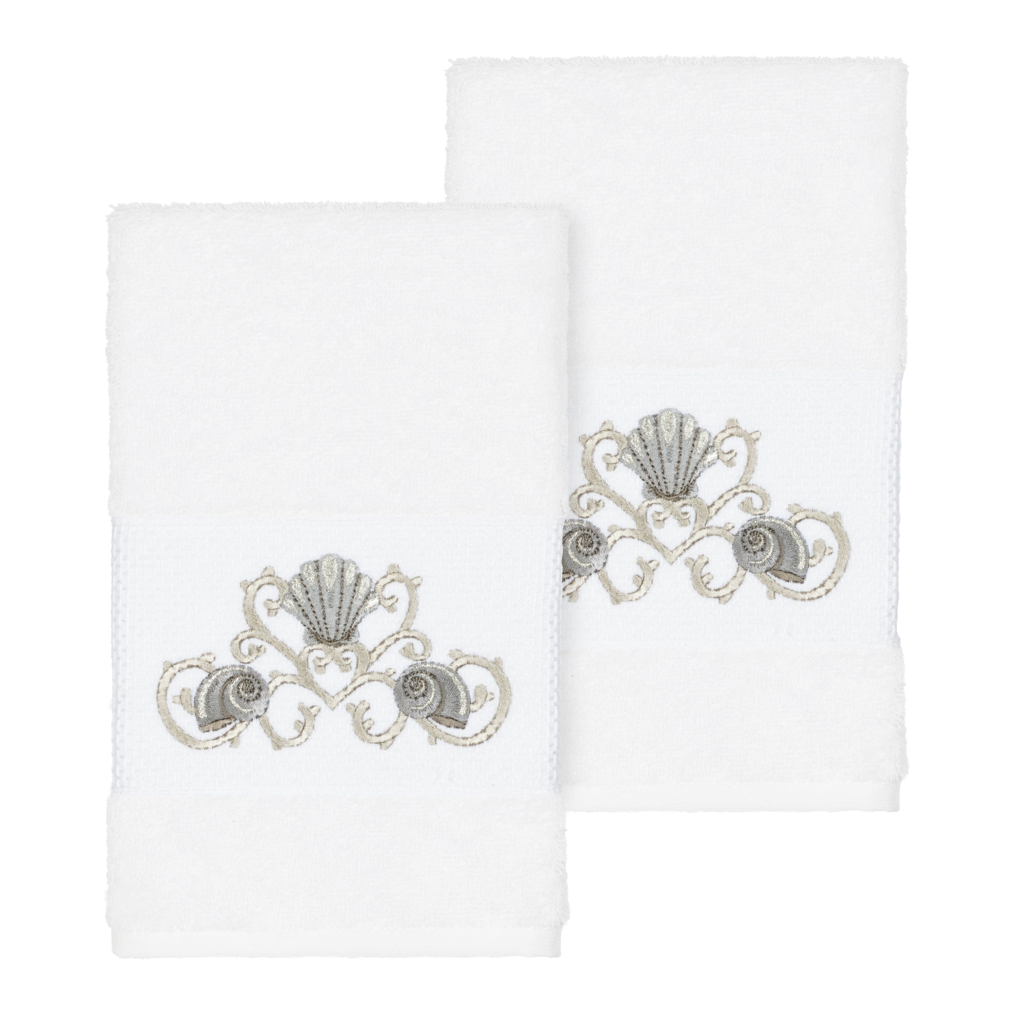 Authentic Hotel And Spa Turkish Cotton Shells Embroidered White 2 Piece Towel Hand Set
