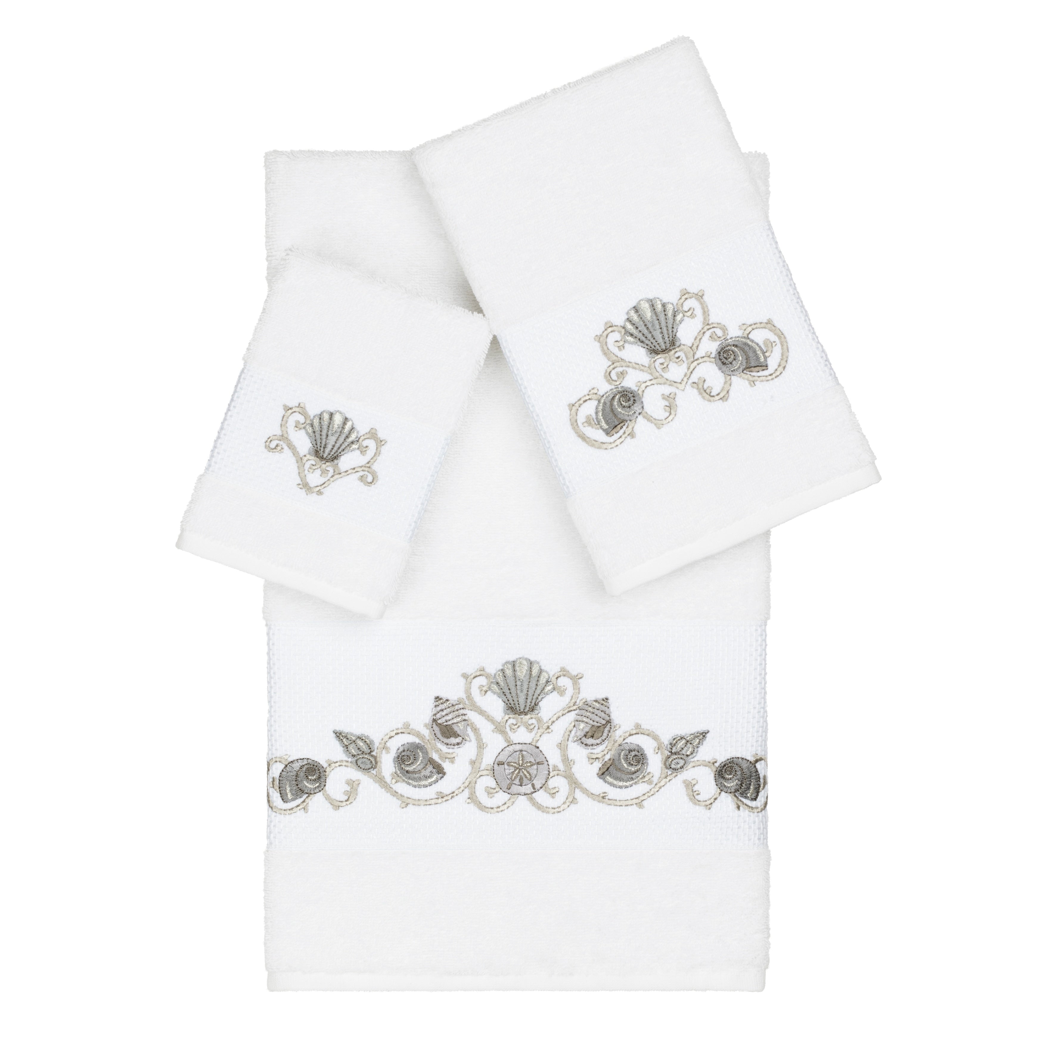 Authentic Hotel And Spa Turkish Cotton Shells Embroidered White 3 Piece Towel Set
