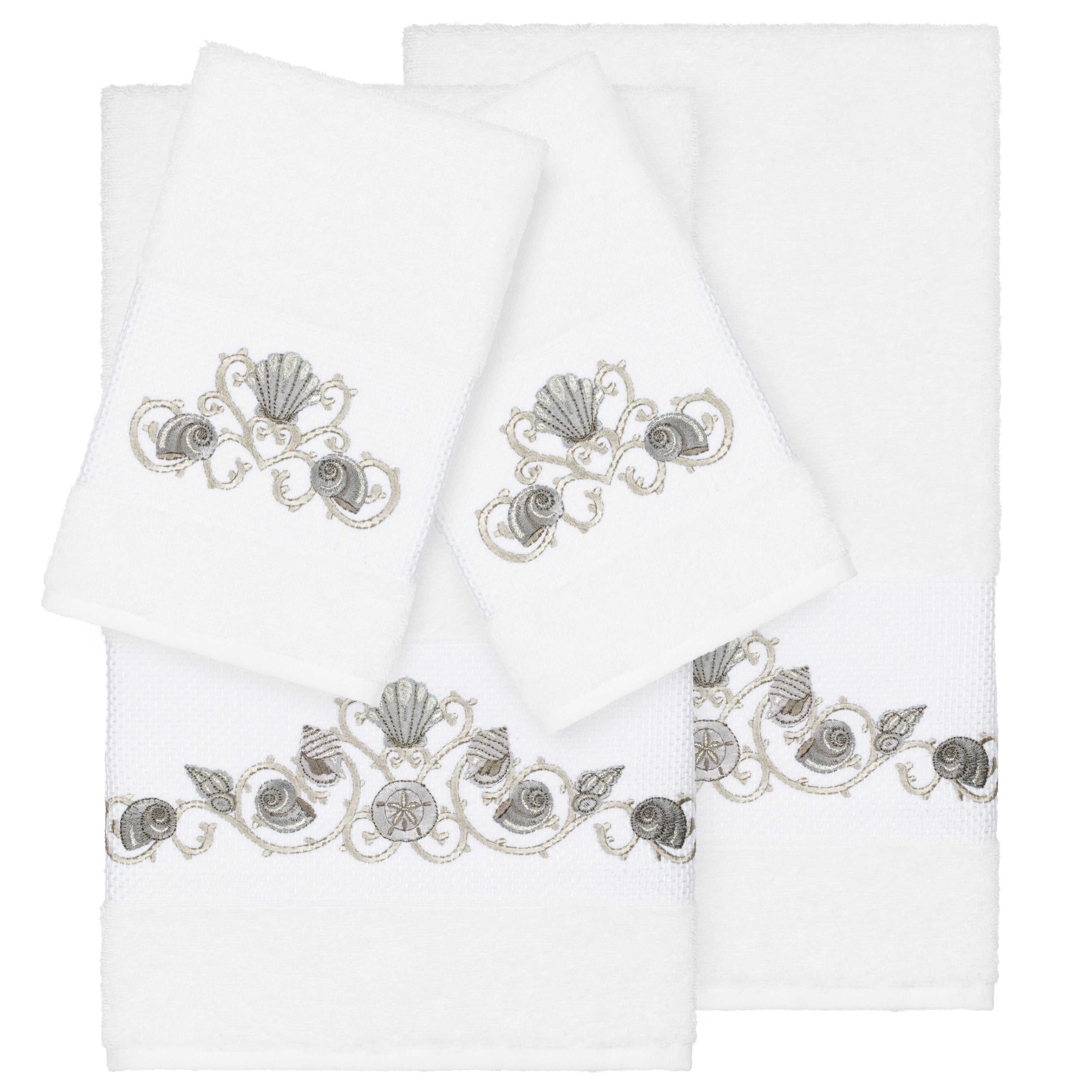 Authentic Hotel And Spa Turkish Cotton Shells Embroidered White 4 Piece Towel Set