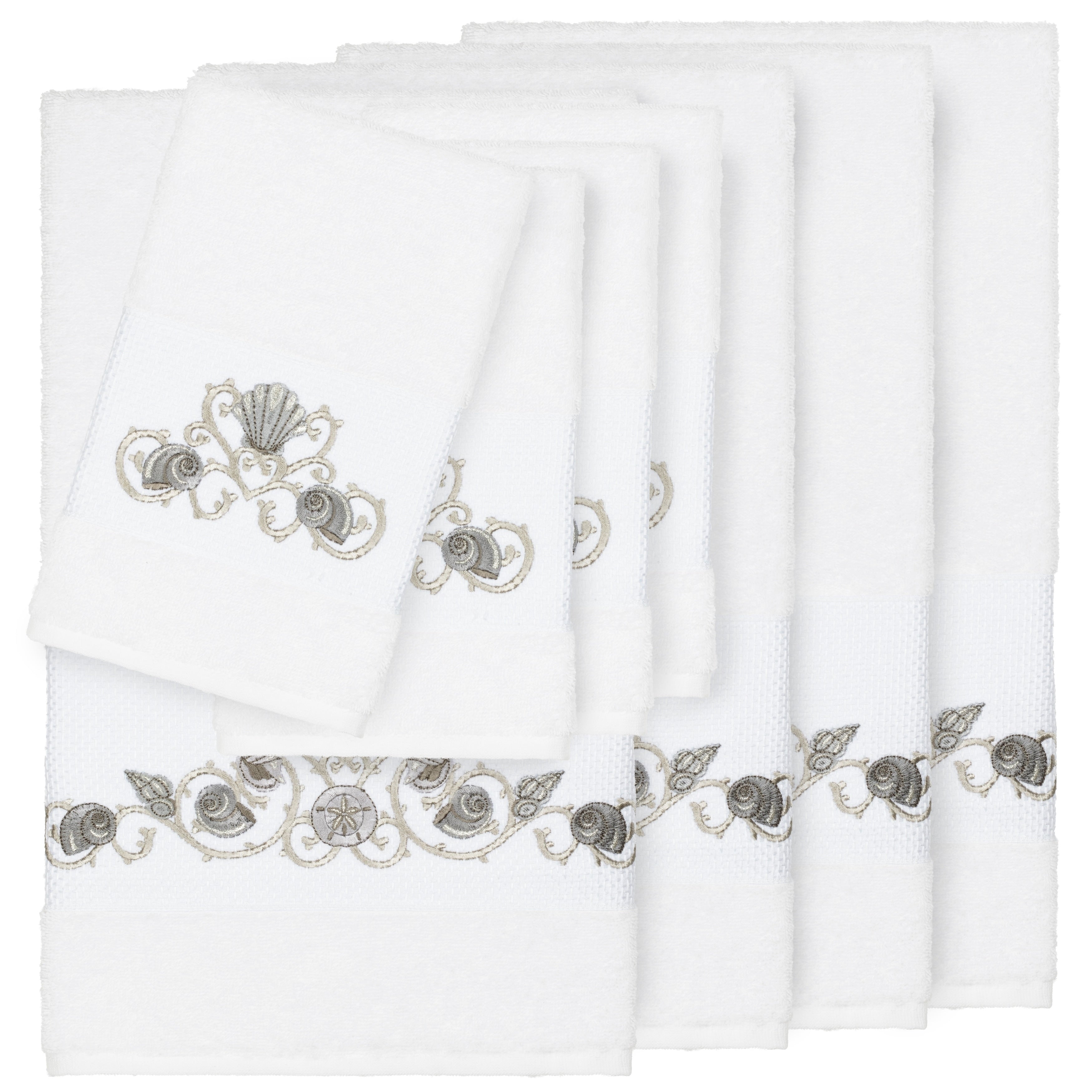 Authentic Hotel And Spa Turkish Cotton Shells Embroidered White 8 Piece Towel Set