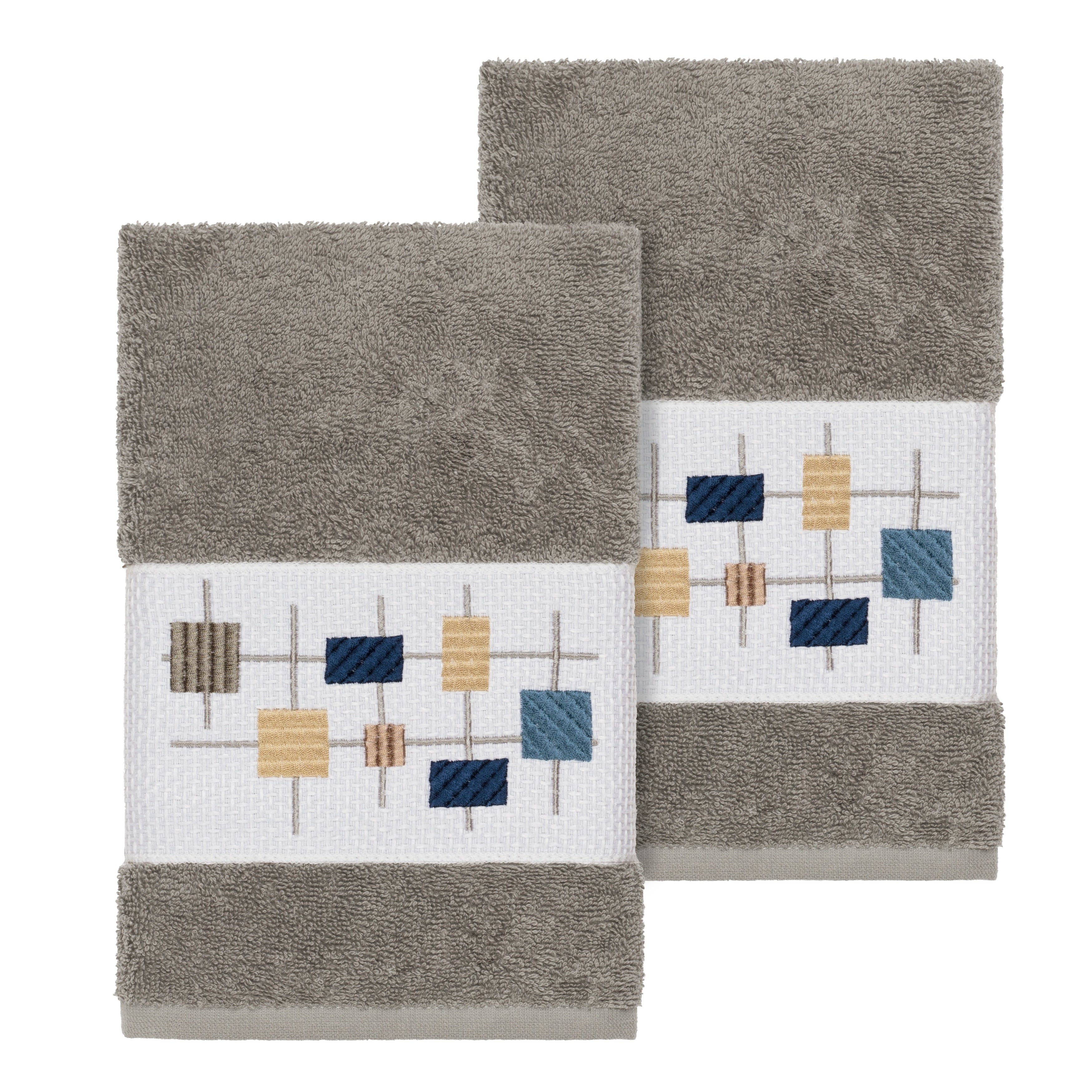 Authentic Hotel And Spa Turkish Cotton Squares Embroidered Dark Grey 2 Piece Towel Hand Set