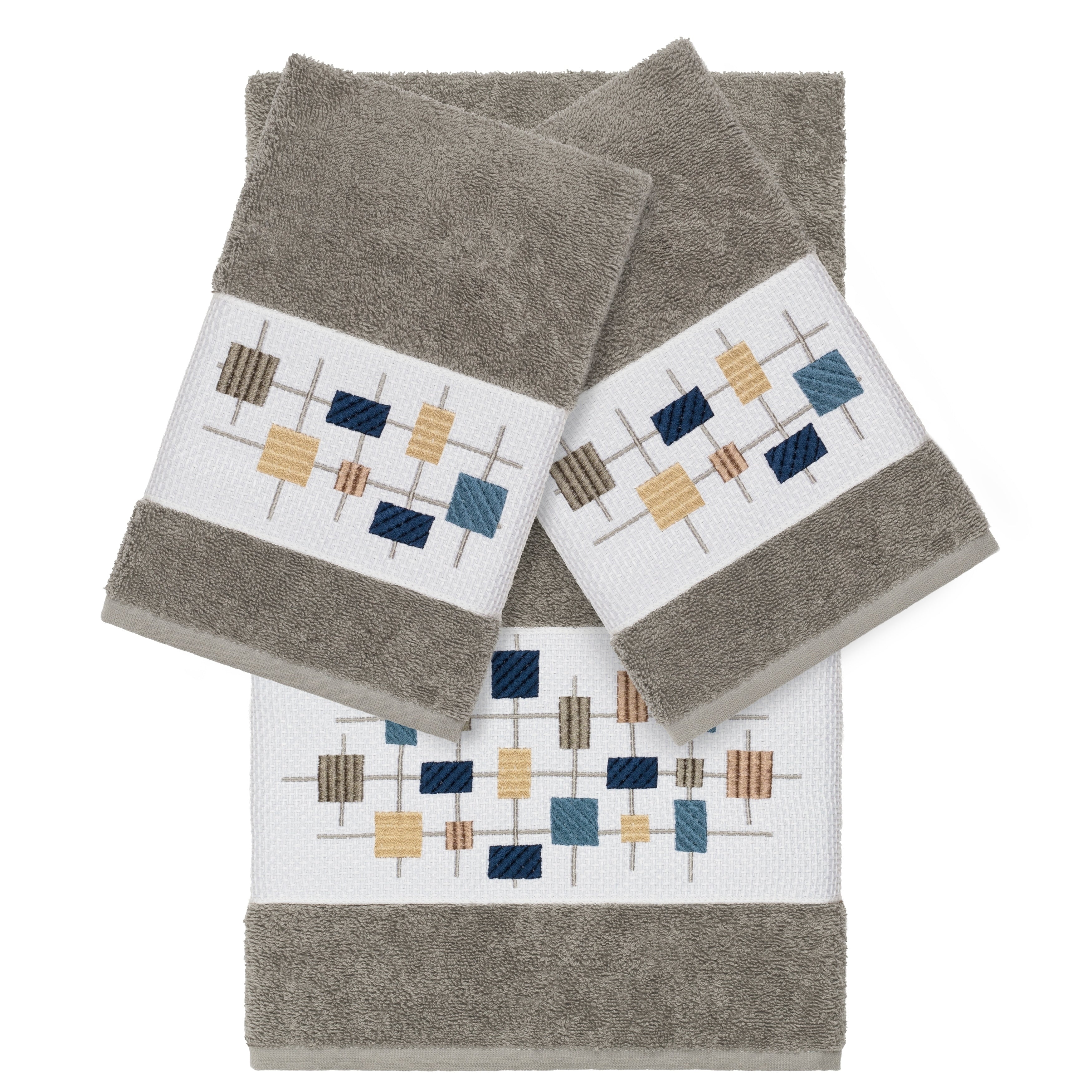Authentic Hotel And Spa Turkish Cotton Squares Embroidered Dark Grey 3 Piece Towel Set