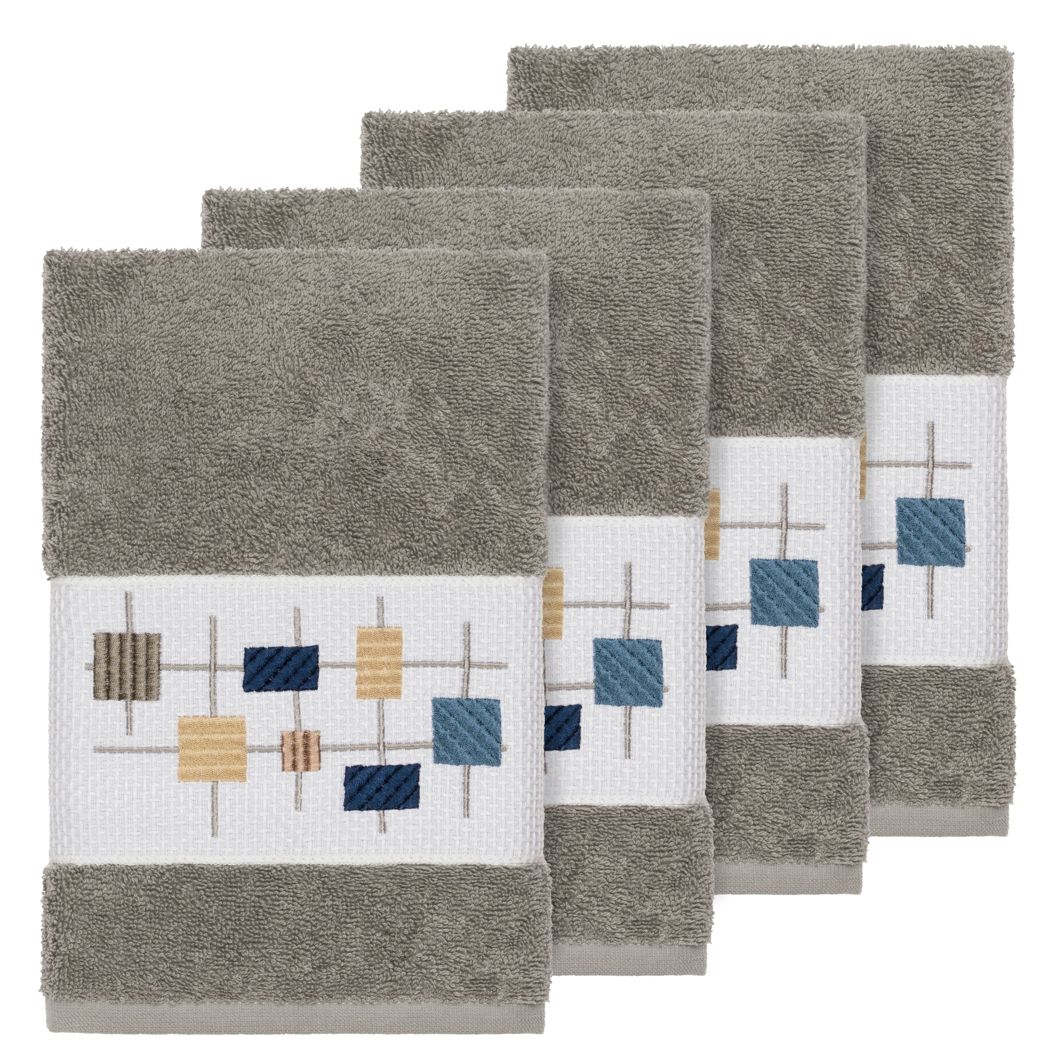 Authentic Hotel And Spa Turkish Cotton Squares Embroidered Dark Grey 4 Piece Hand Towel Set