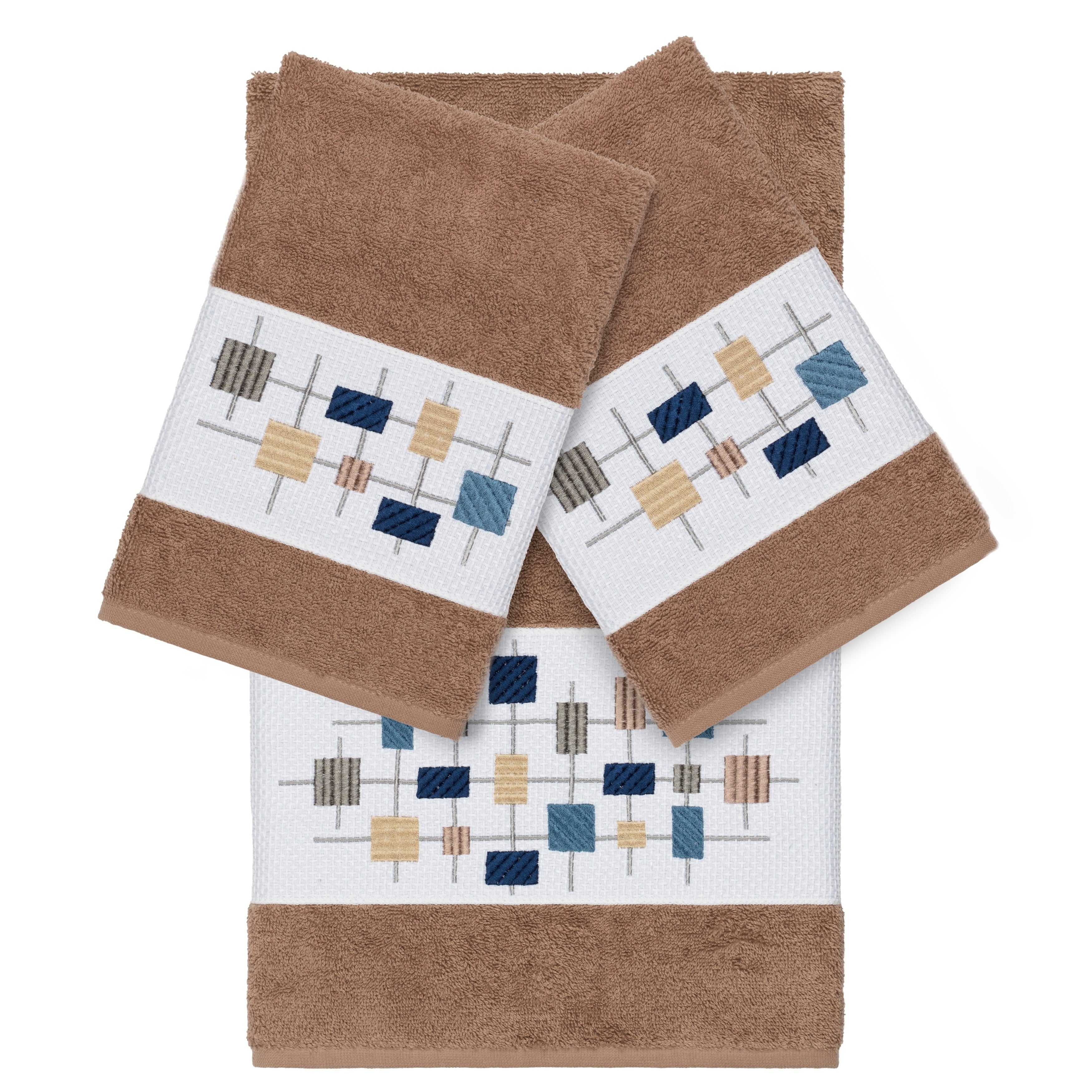 Authentic Hotel And Spa Turkish Cotton Squares Embroidered Latte Brown 3 Piece Towel Set