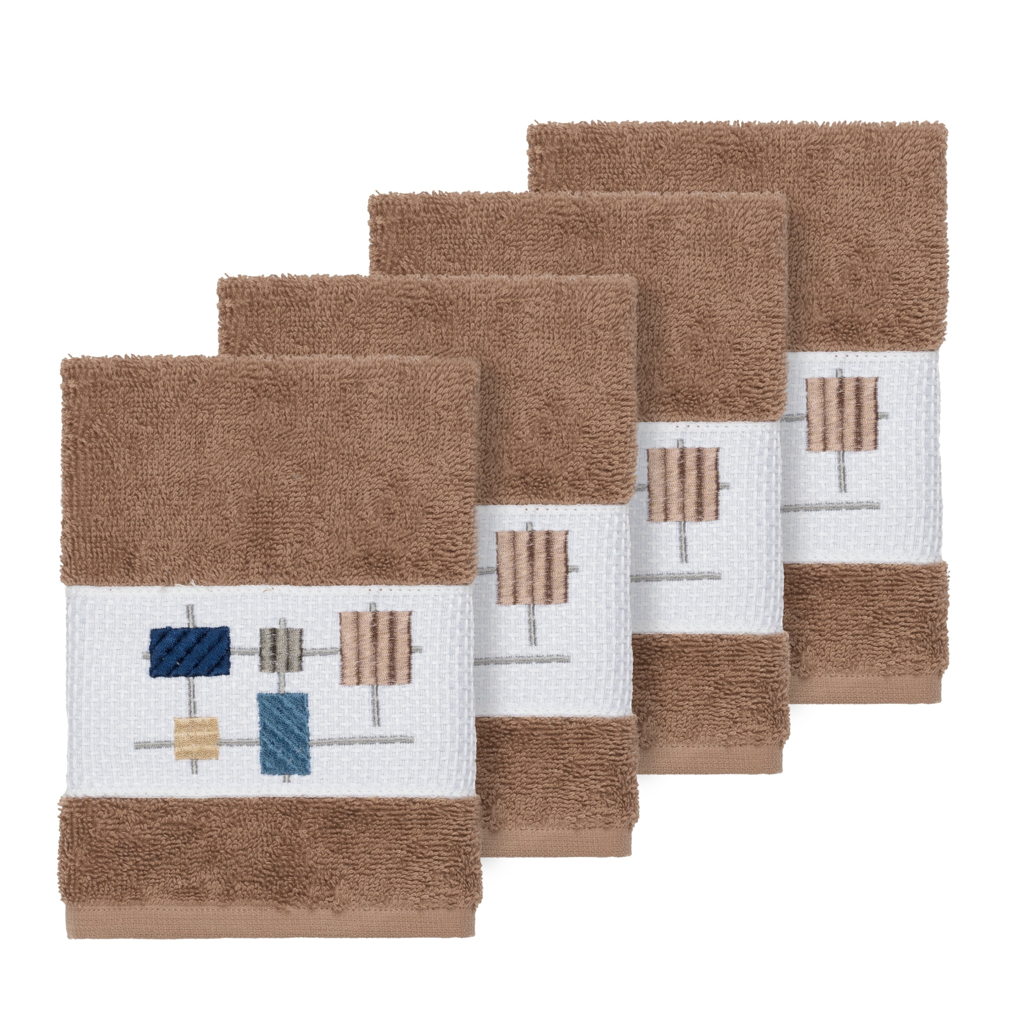 Authentic Hotel And Spa Turkish Cotton Squares Embroidered Latte Brown 4 Piece Washcloth Set