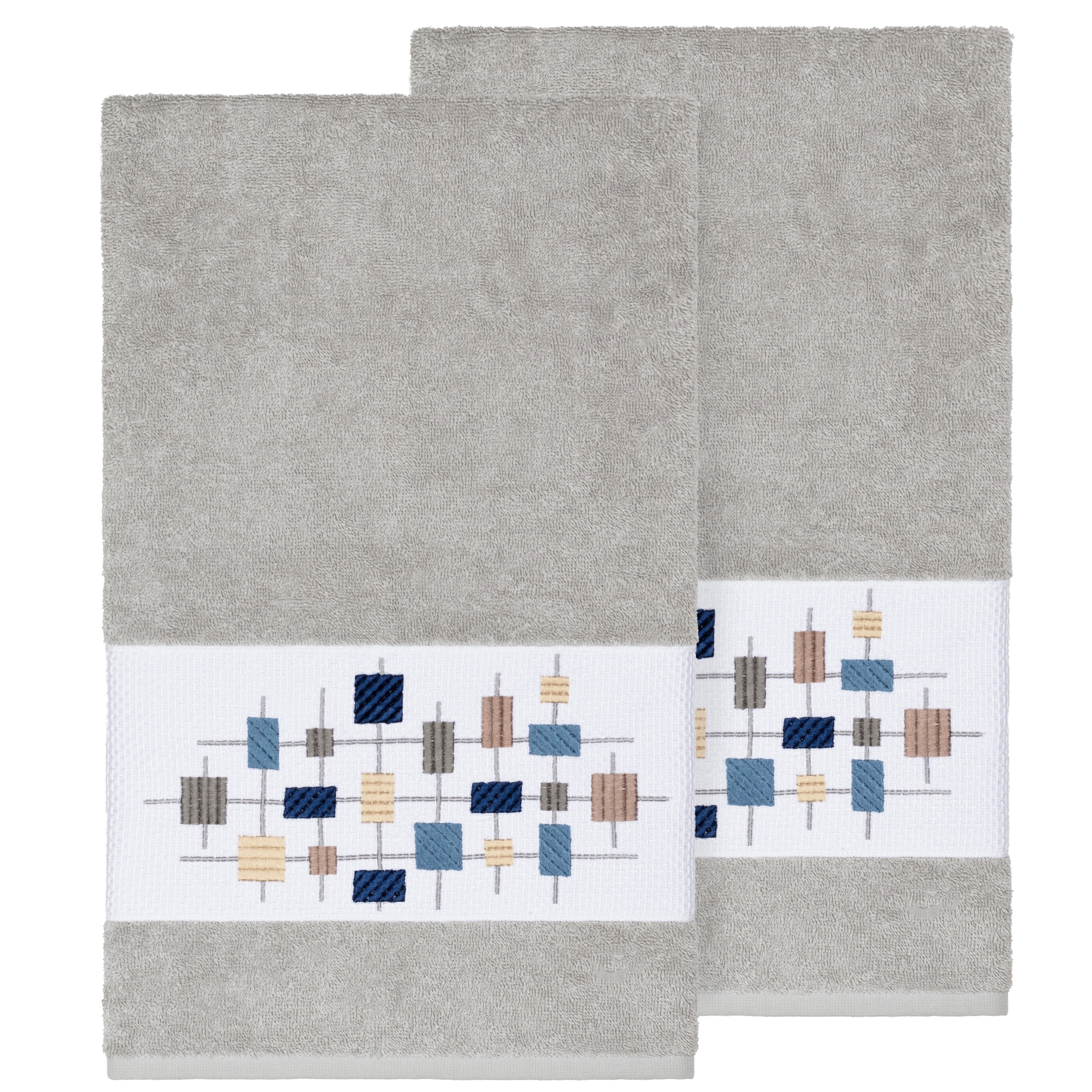 Authentic Hotel And Spa Turkish Cotton Squares Embroidered Light Grey 2 Piece Bath Towel Set