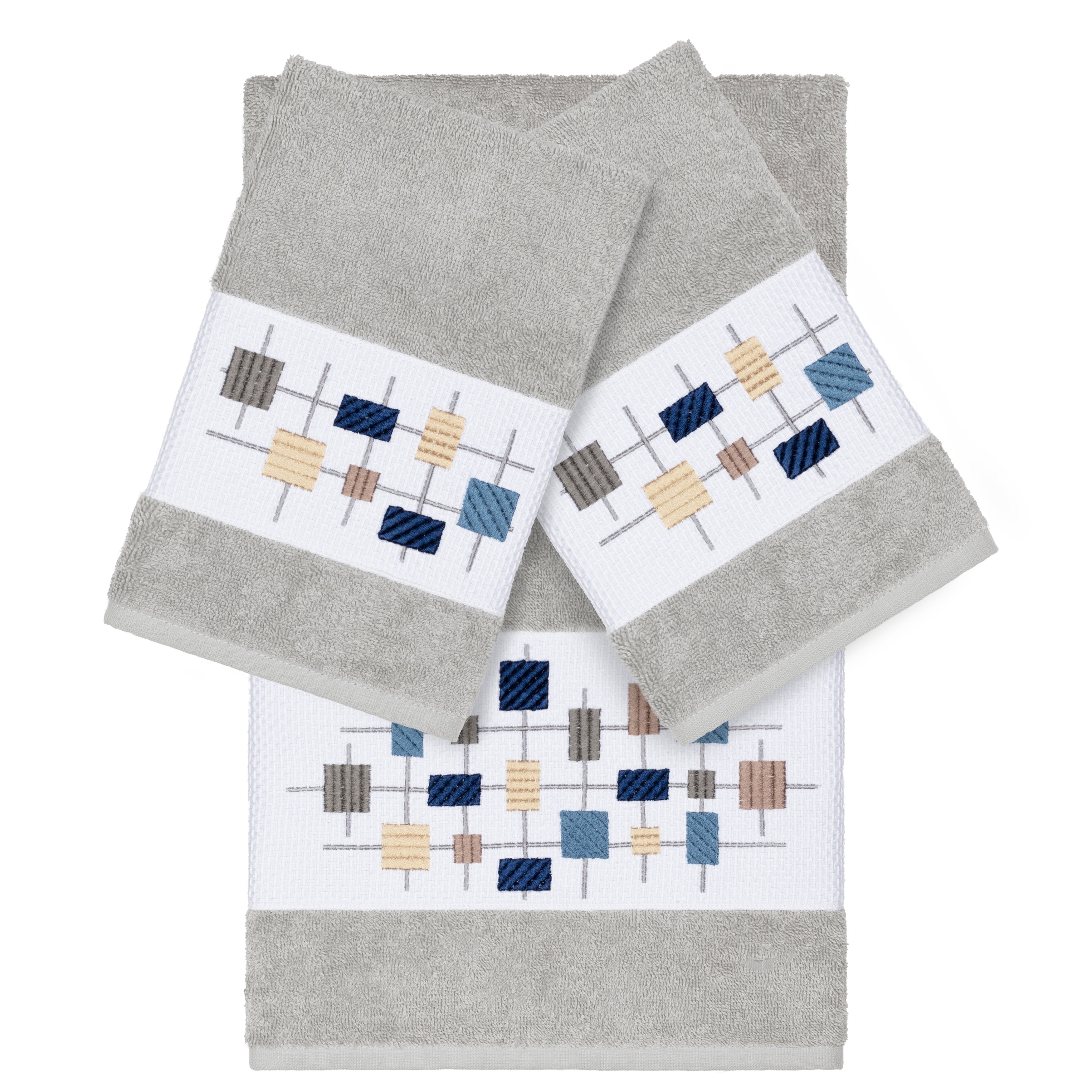 Authentic Hotel And Spa Turkish Cotton Squares Embroidered Light Grey 3 Piece Towel Set