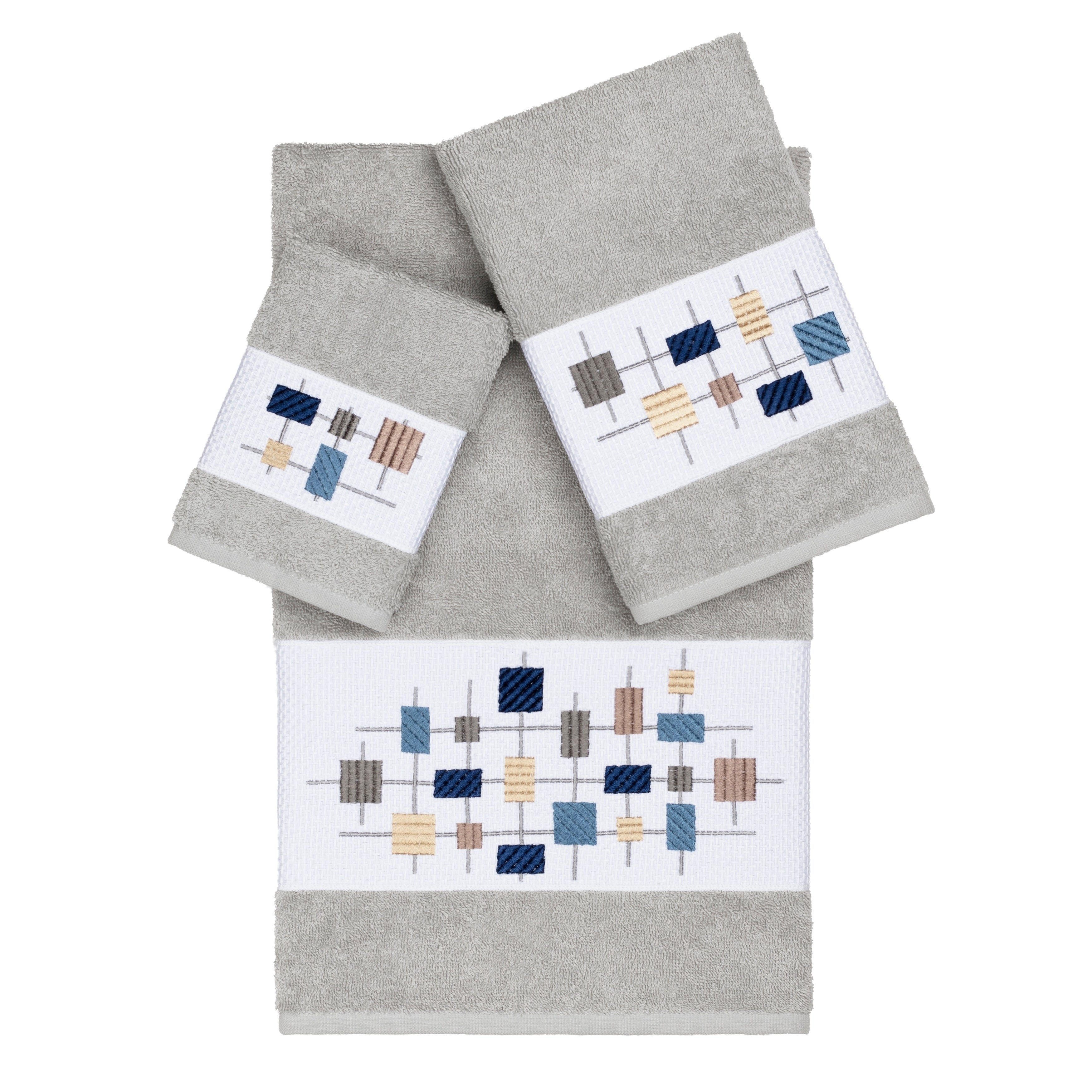 Authentic Hotel And Spa Turkish Cotton Squares Embroidered Light Grey 3 Piece Towel Set