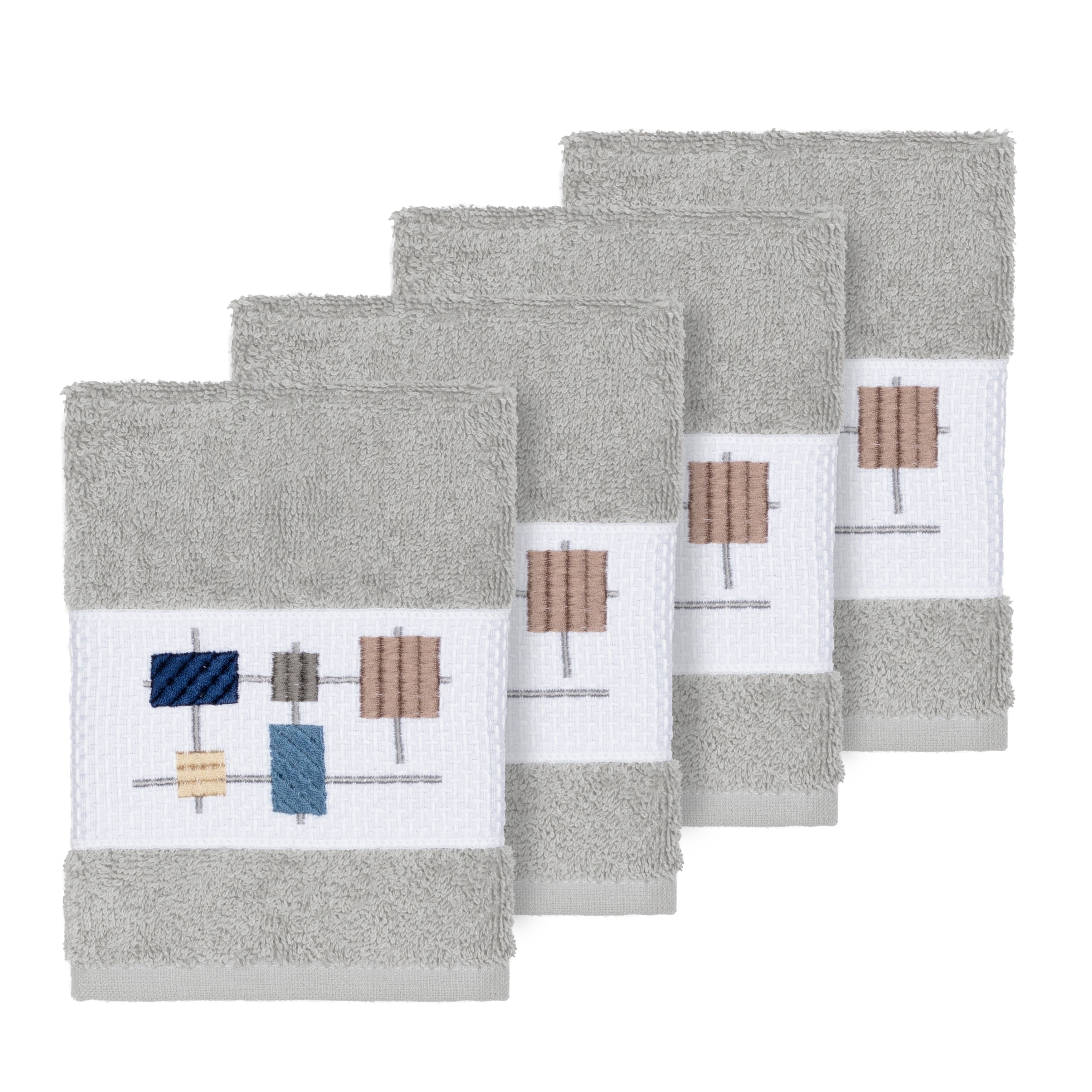 Authentic Hotel And Spa Turkish Cotton Squares Embroidered Light Grey 4 Piece Washcloth Set