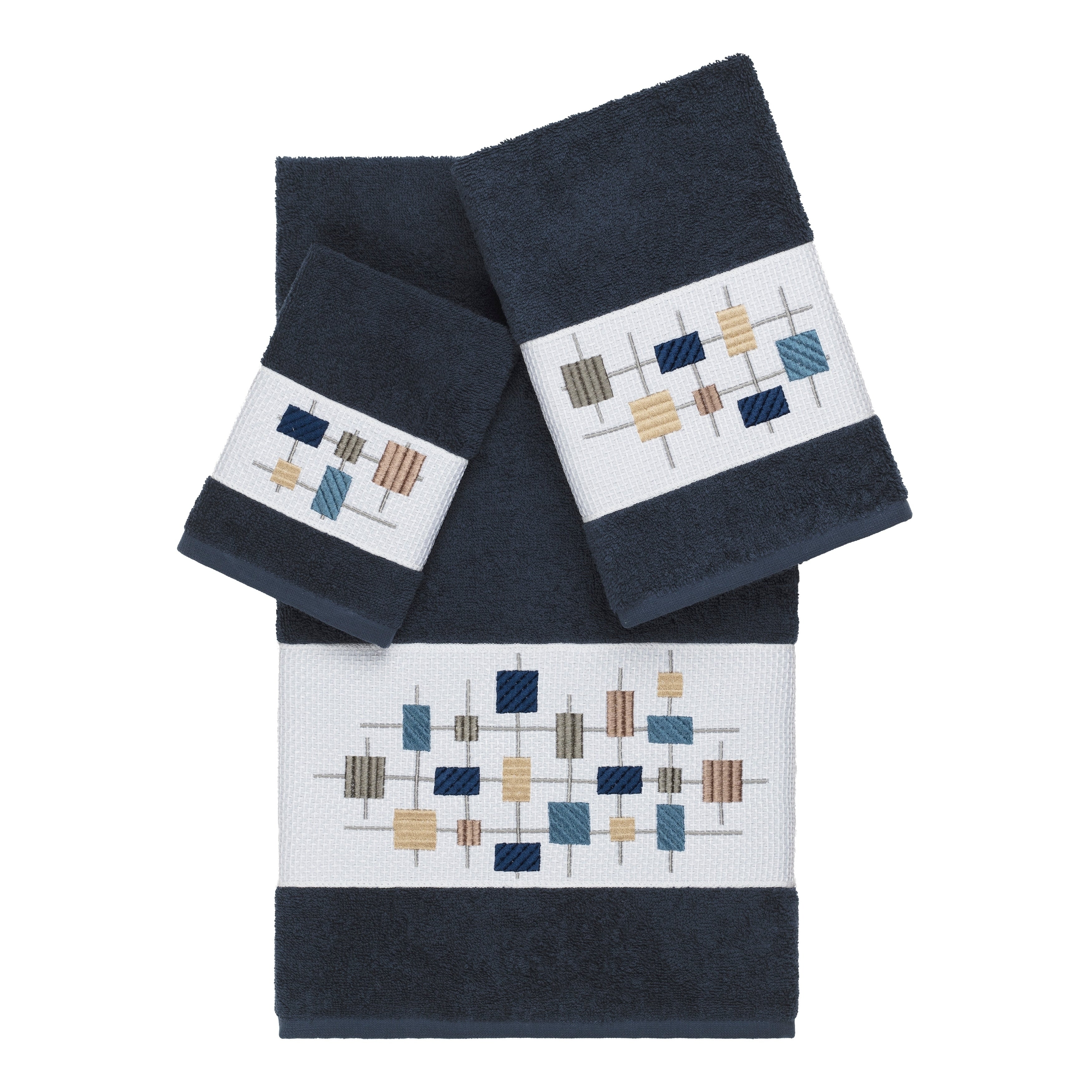 Authentic Hotel And Spa Turkish Cotton Squares Embroidered Midnight Blue 3 Piece Towel Set