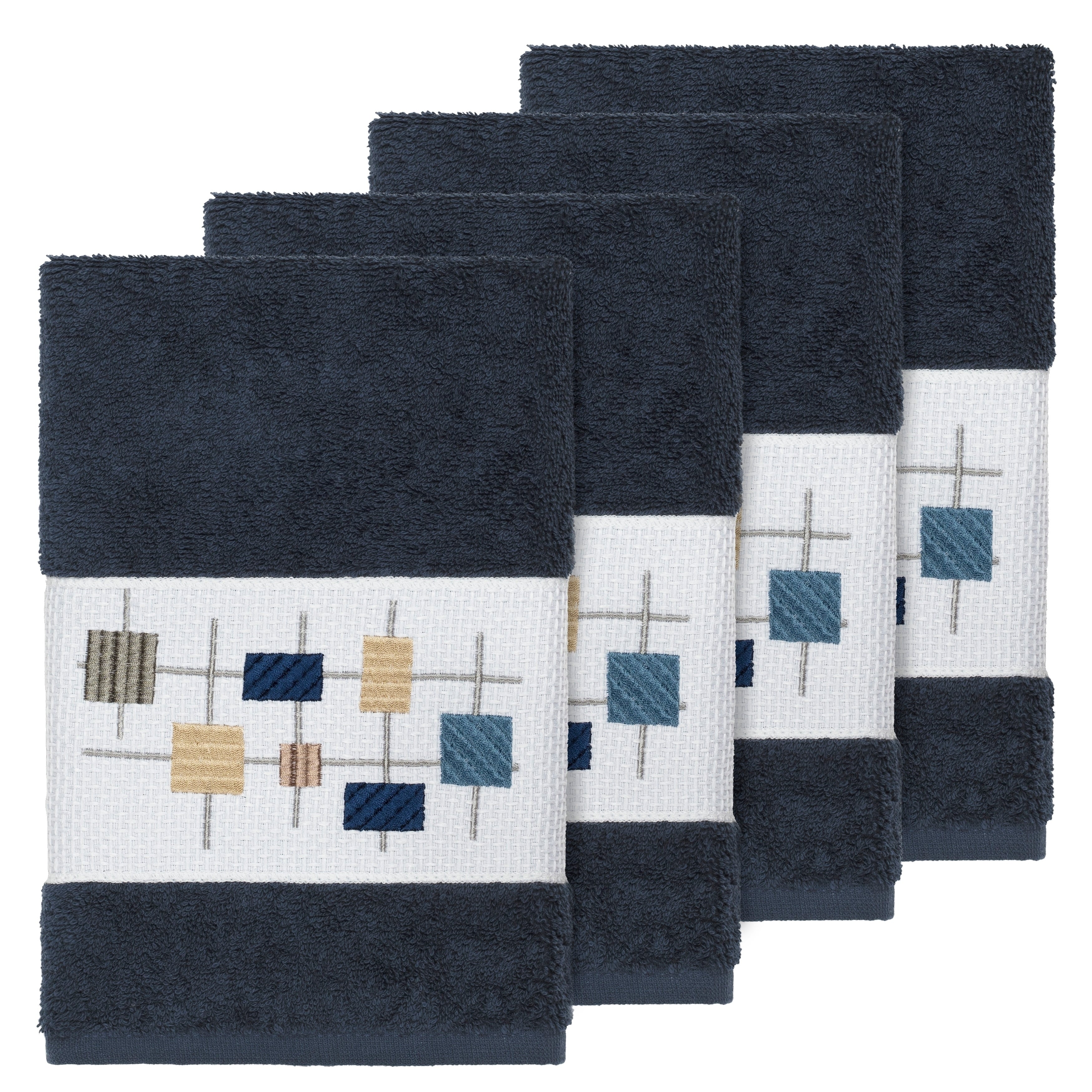 Authentic Hotel And Spa Turkish Cotton Squares Embroidered Midnight Blue 4 Piece Hand Towel Set