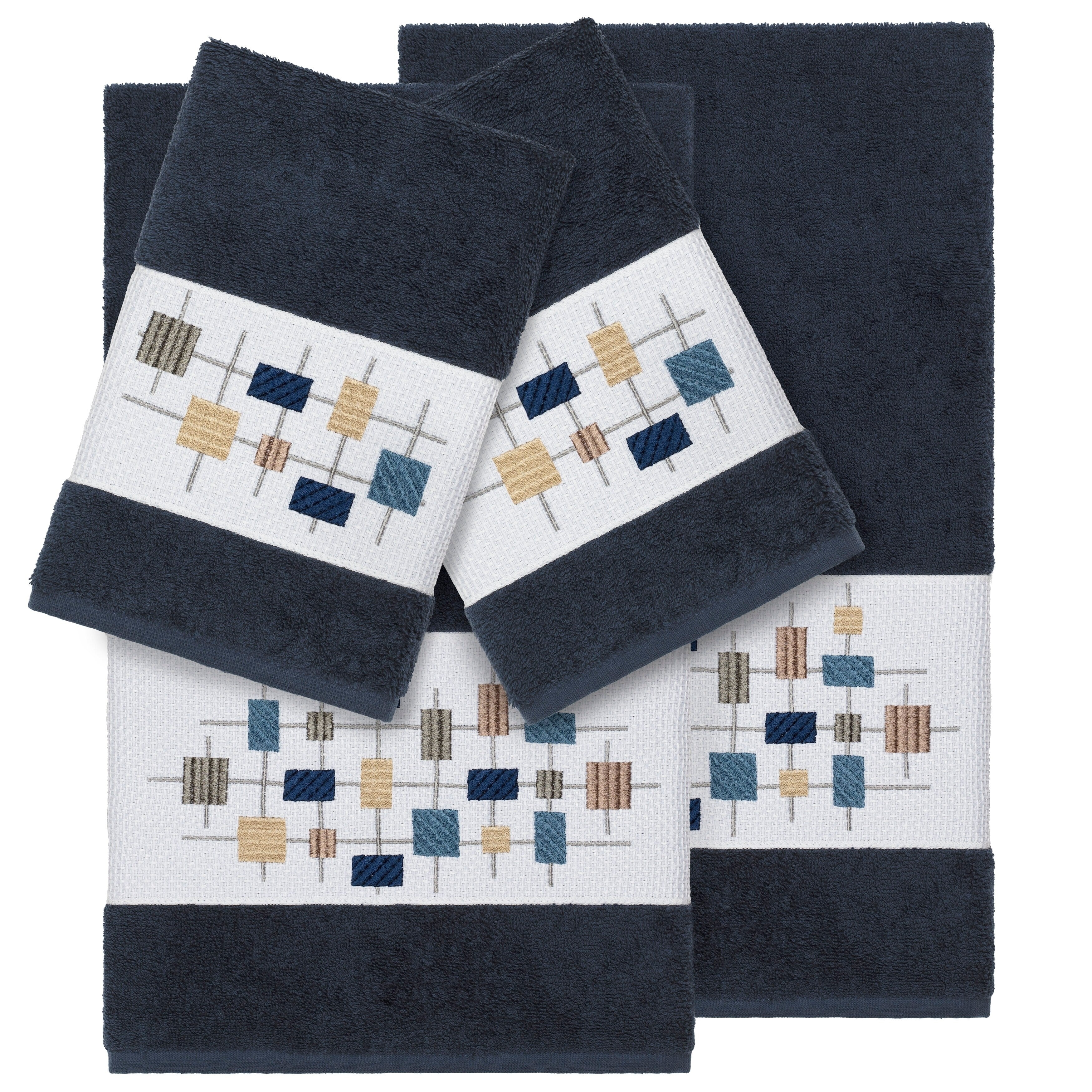 Authentic Hotel And Spa Turkish Cotton Squares Embroidered Midnight Blue 4 Piece Towel Set