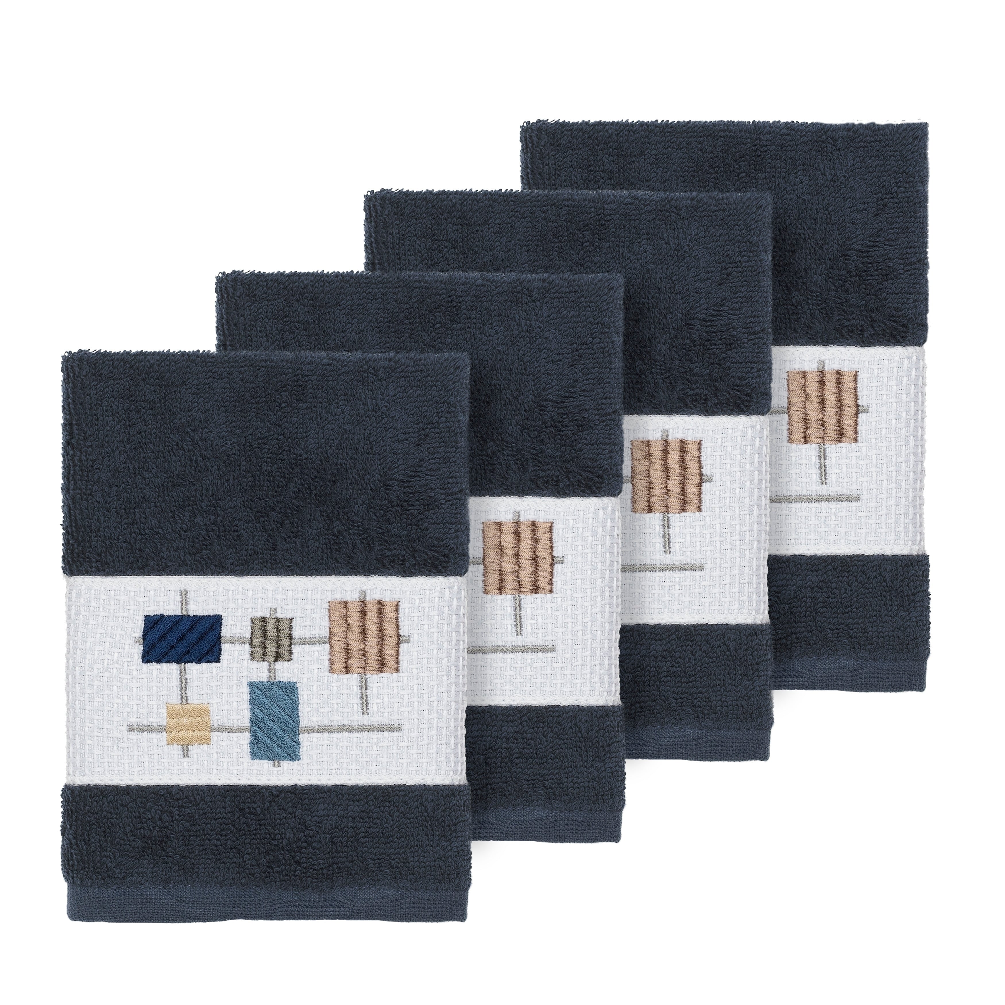 Authentic Hotel And Spa Turkish Cotton Squares Embroidered Midnight Blue 4 Piece Washcloth Set