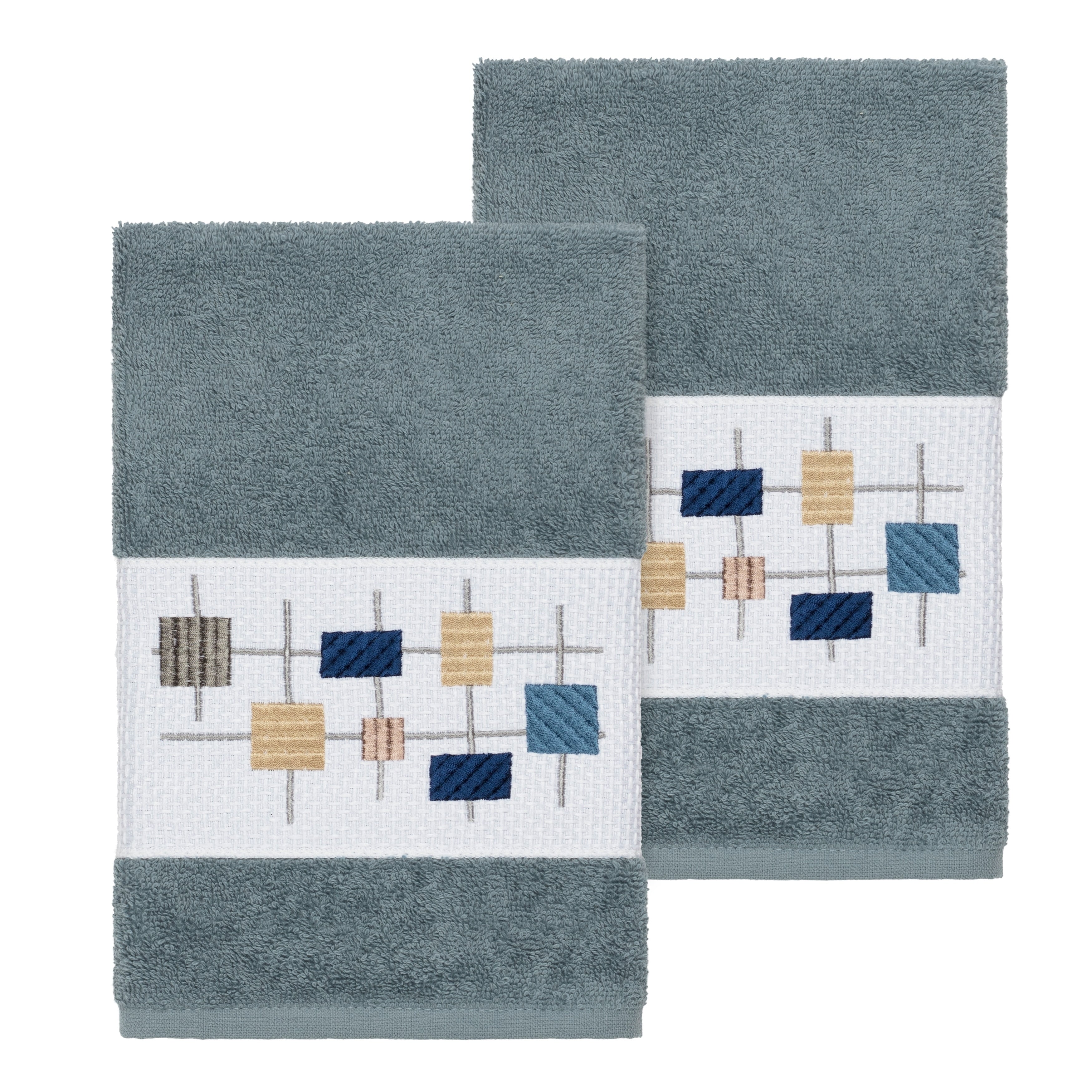 Authentic Hotel And Spa Turkish Cotton Squares Embroidered Teal Blue 2 Piece Towel Hand Set