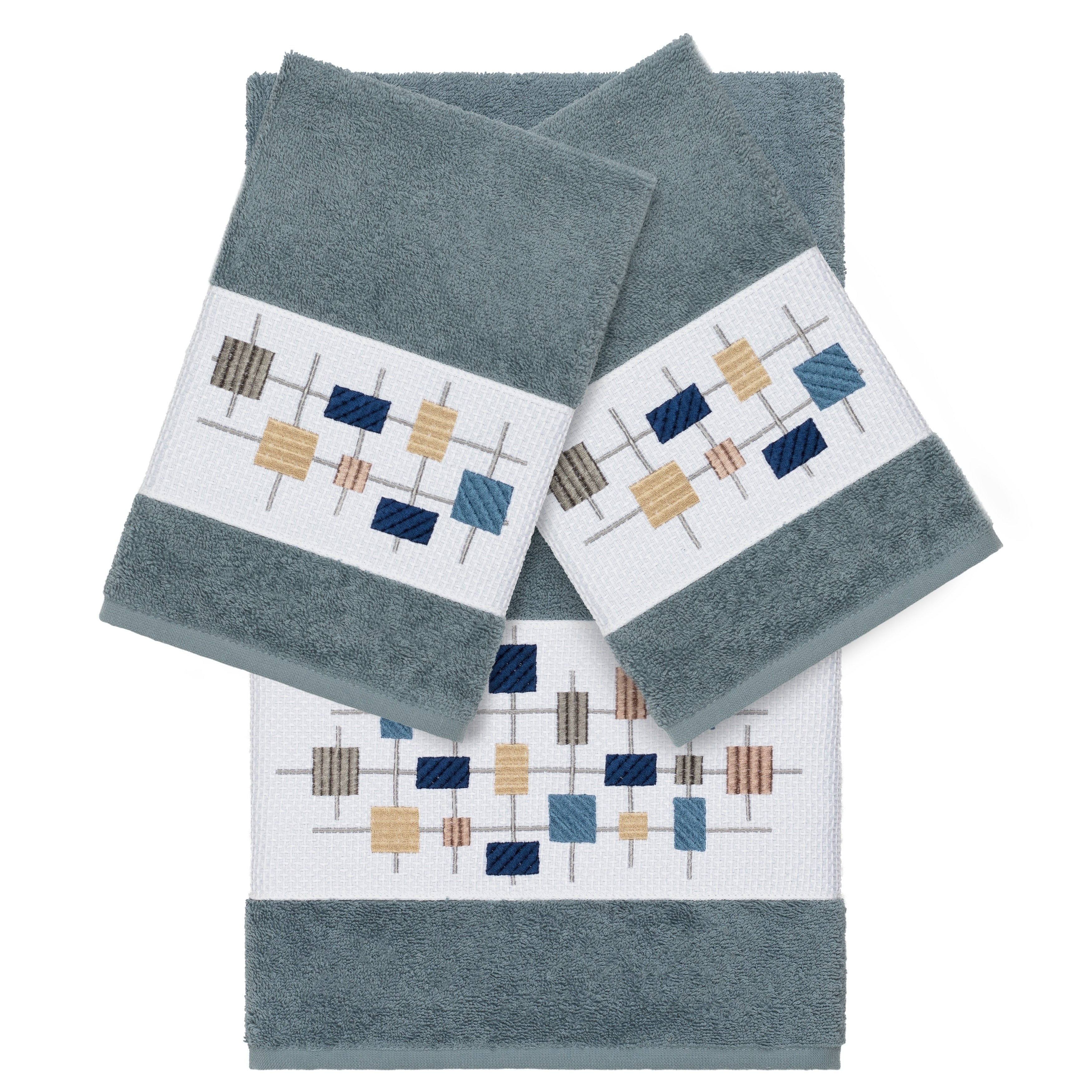 Authentic Hotel And Spa Turkish Cotton Squares Embroidered Teal Blue 3 Piece Towel Set