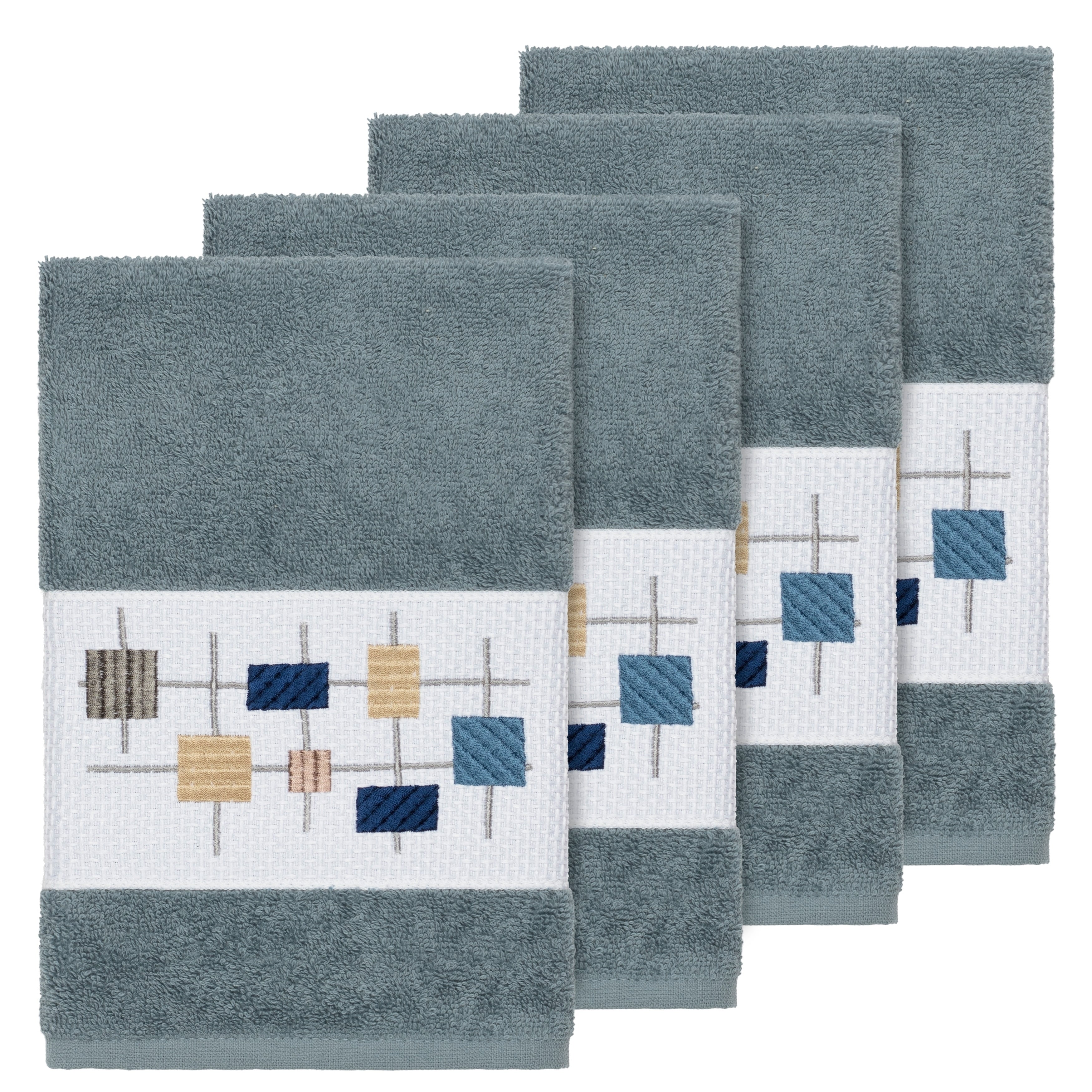 Authentic Hotel And Spa Turkish Cotton Squares Embroidered Teal Blue 4 Piece Hand Towel Set