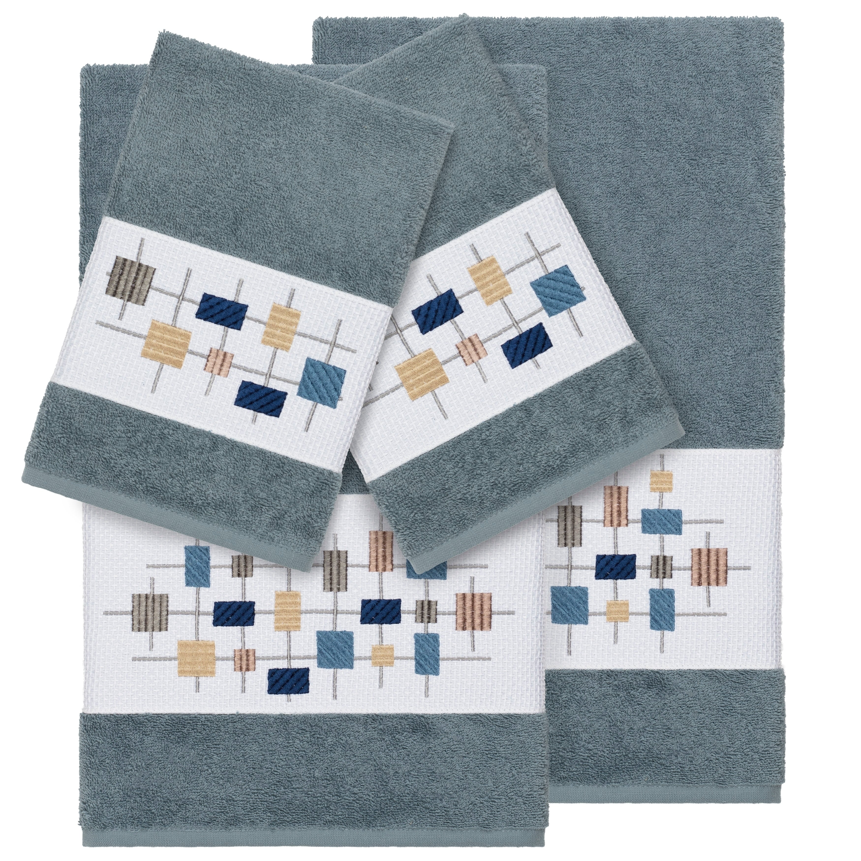 Authentic Hotel And Spa Turkish Cotton Squares Embroidered Teal Blue 4 Piece Towel Set