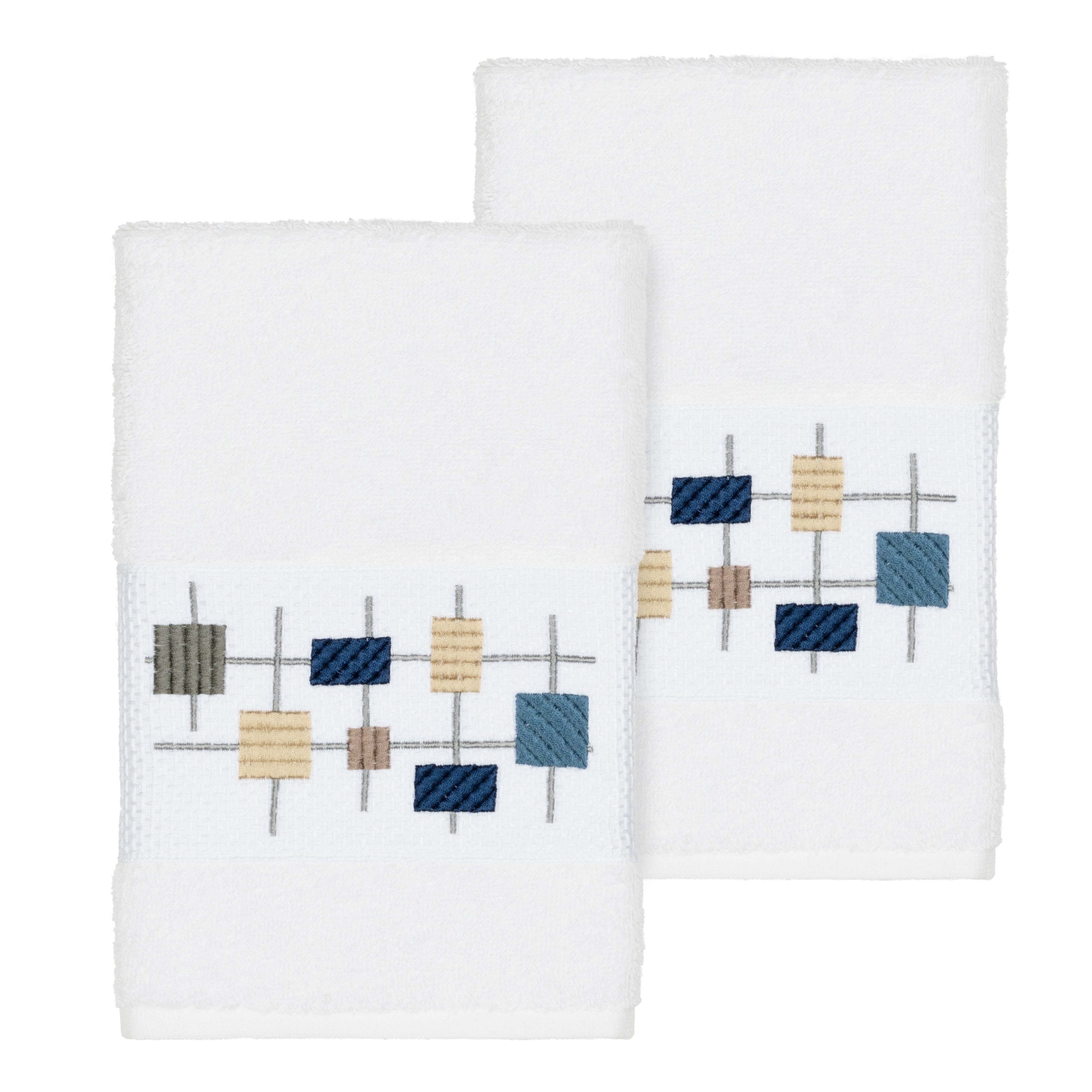 Authentic Hotel And Spa Turkish Cotton Squares Embroidered White 2 Piece Towel Hand Set