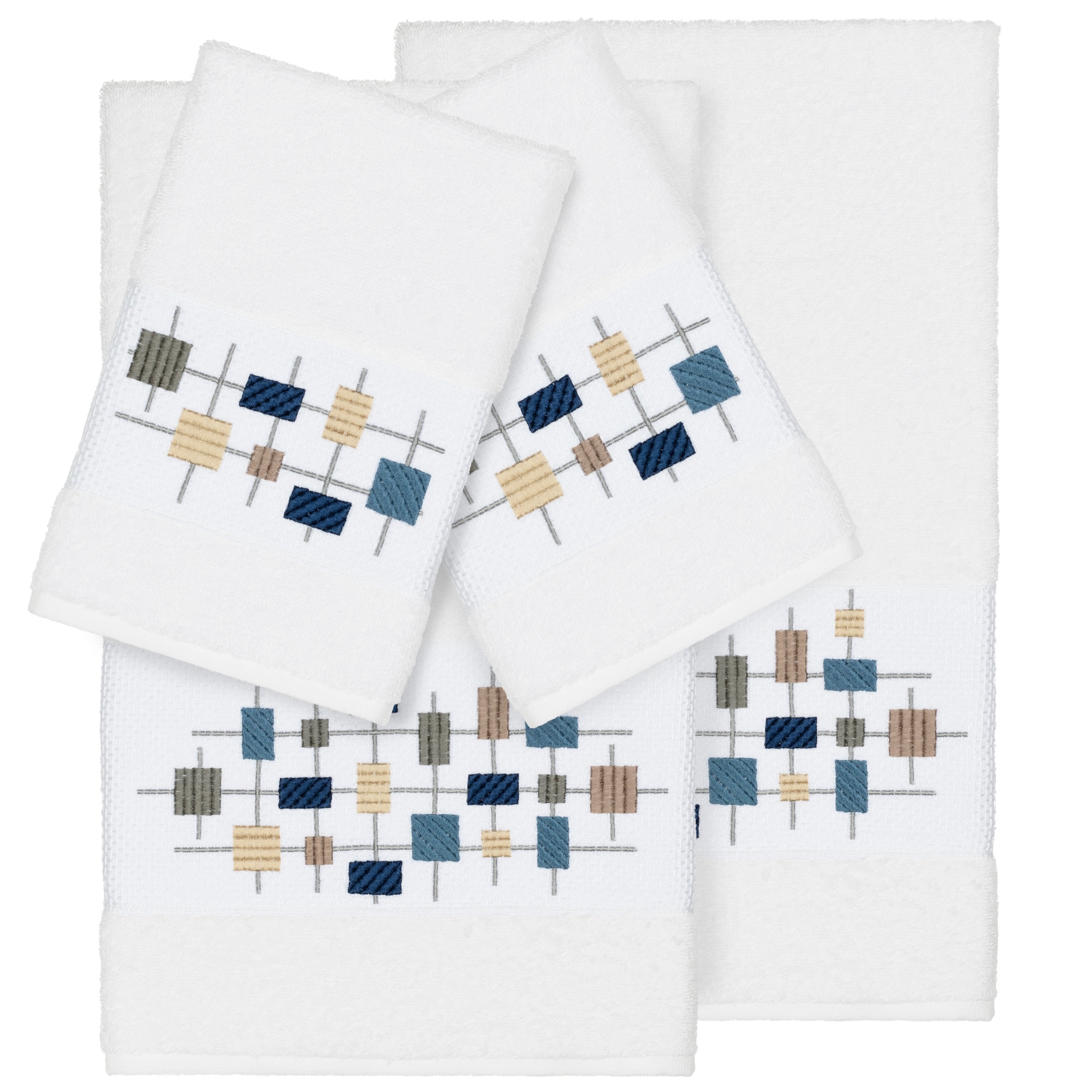 Authentic Hotel And Spa Turkish Cotton Squares Embroidered White 4 Piece Towel Set