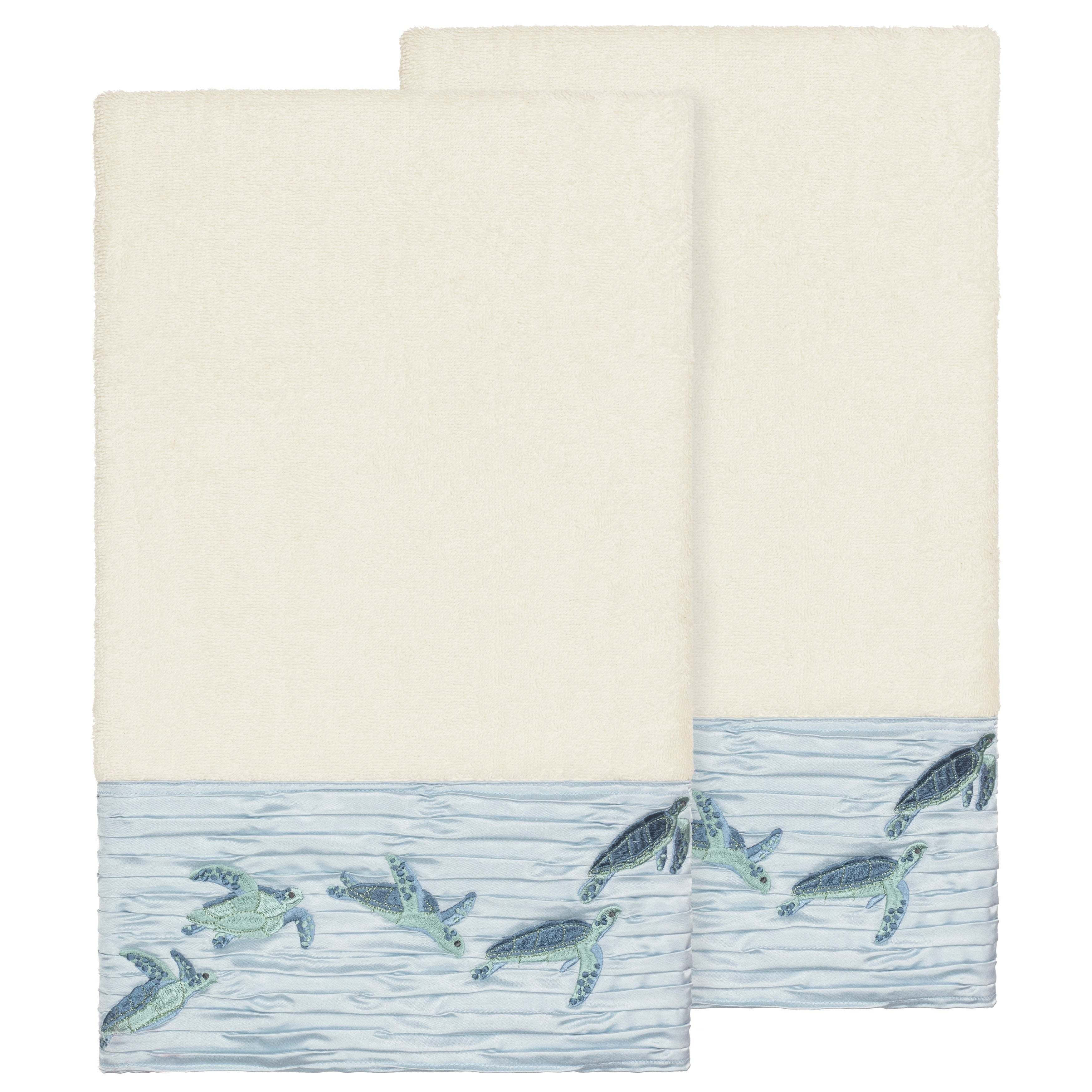 Authentic Hotel And Spa Turkish Cotton Turtles Embroidered Cream 2 Piece Bath Towel Set