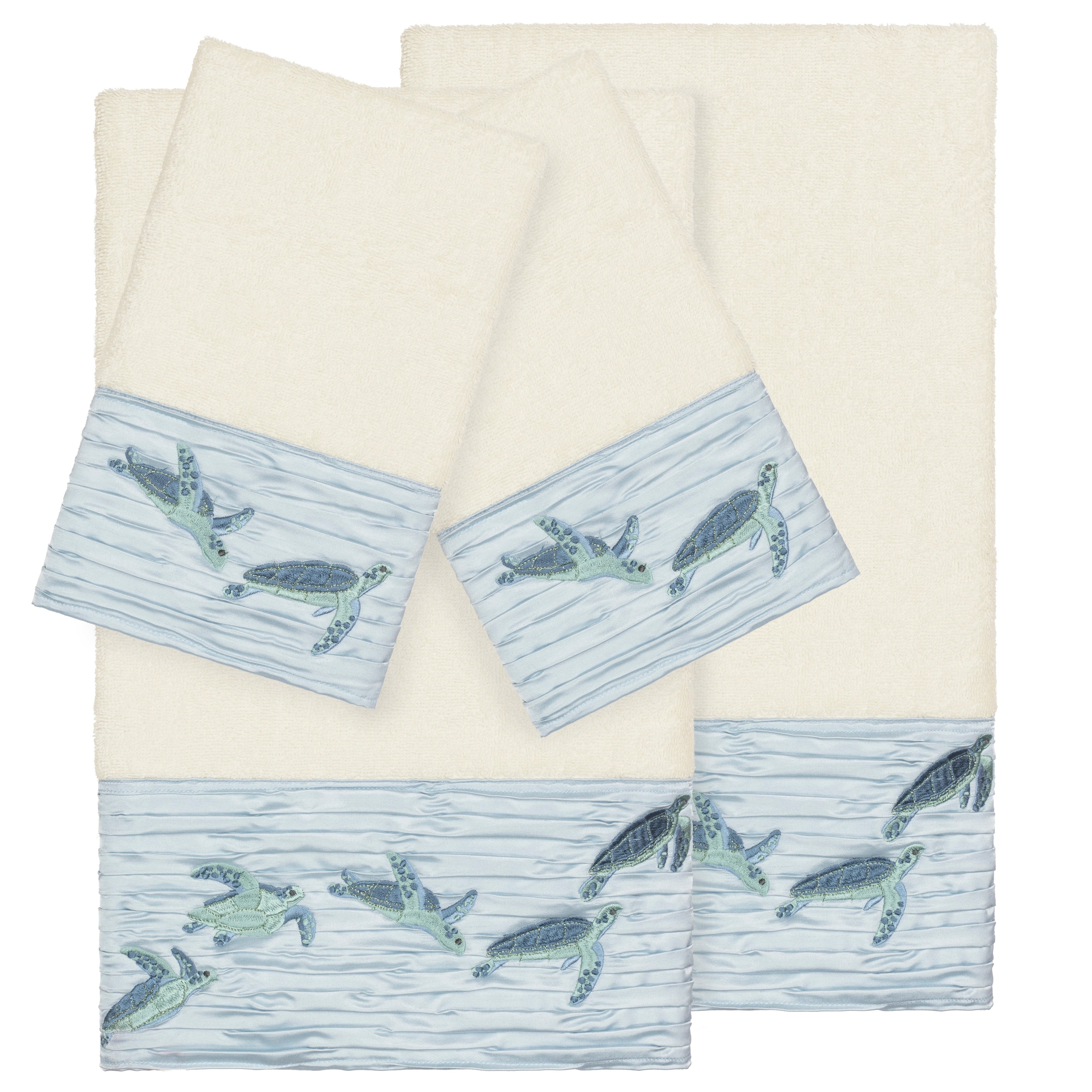 Authentic Hotel And Spa Turkish Cotton Turtles Embroidered Cream 4 Piece Towel Set