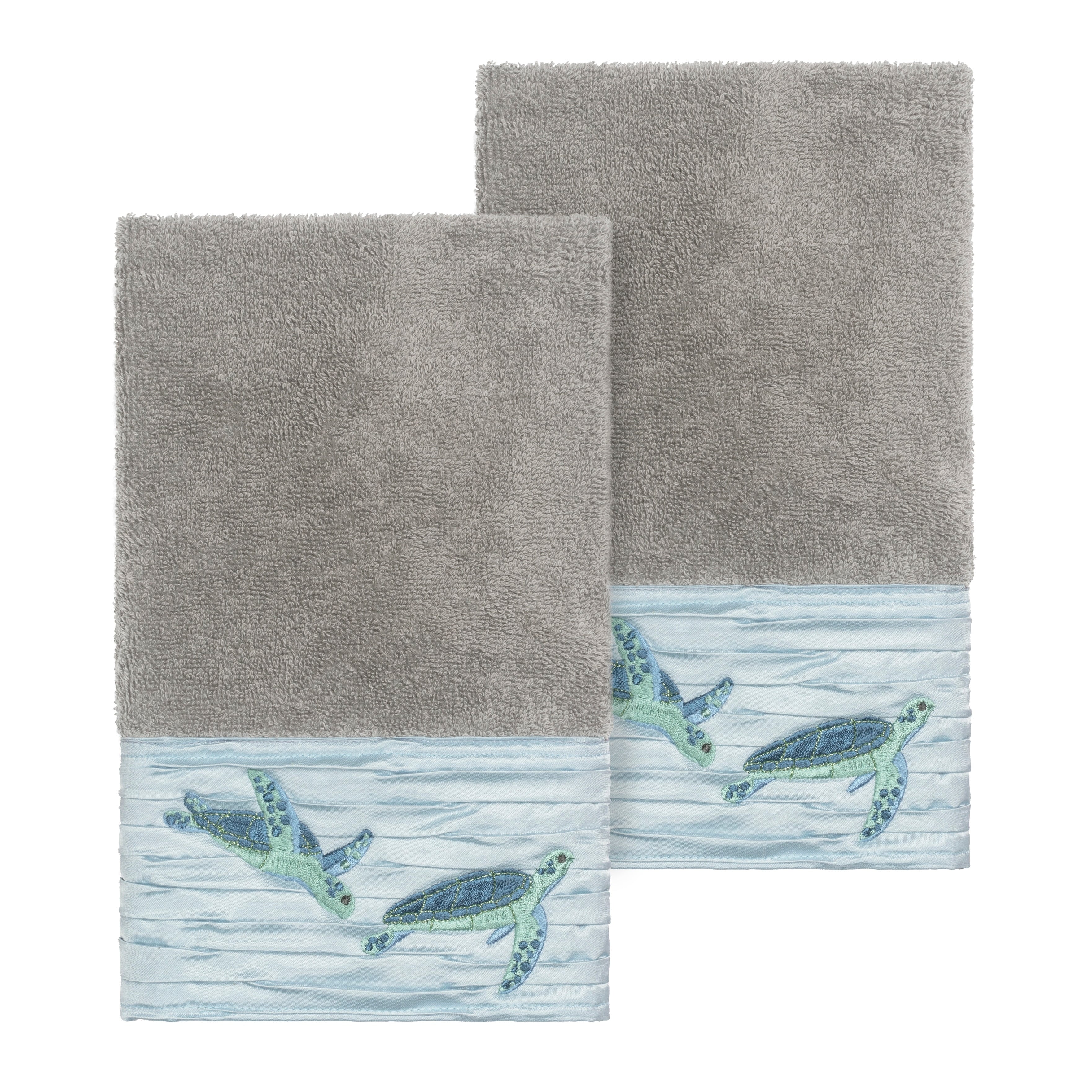 Authentic Hotel And Spa Turkish Cotton Turtles Embroidered Dark Grey 2 Piece Towel Hand Set