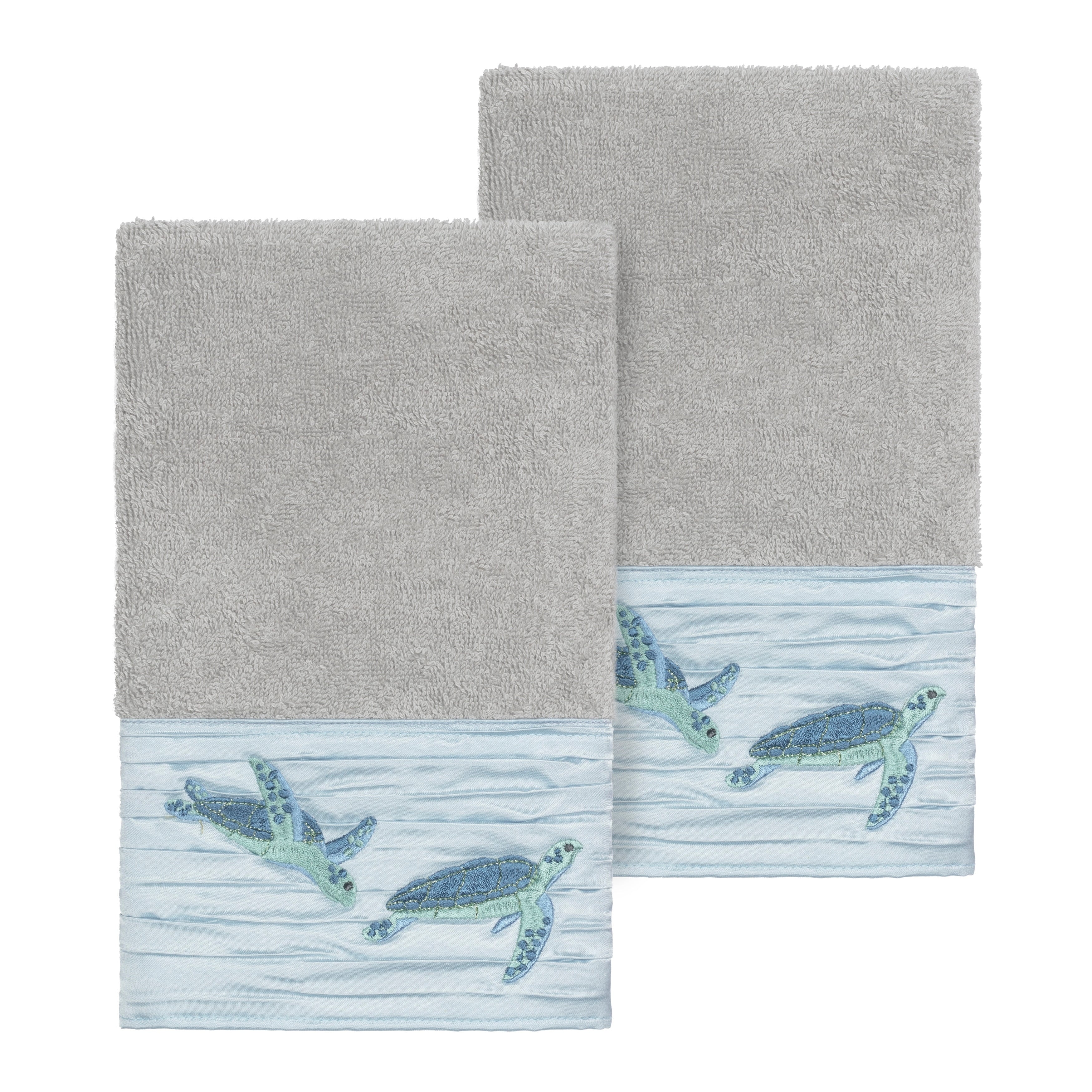 Authentic Hotel And Spa Turkish Cotton Turtles Embroidered Light Grey 2 Piece Towel Hand Set