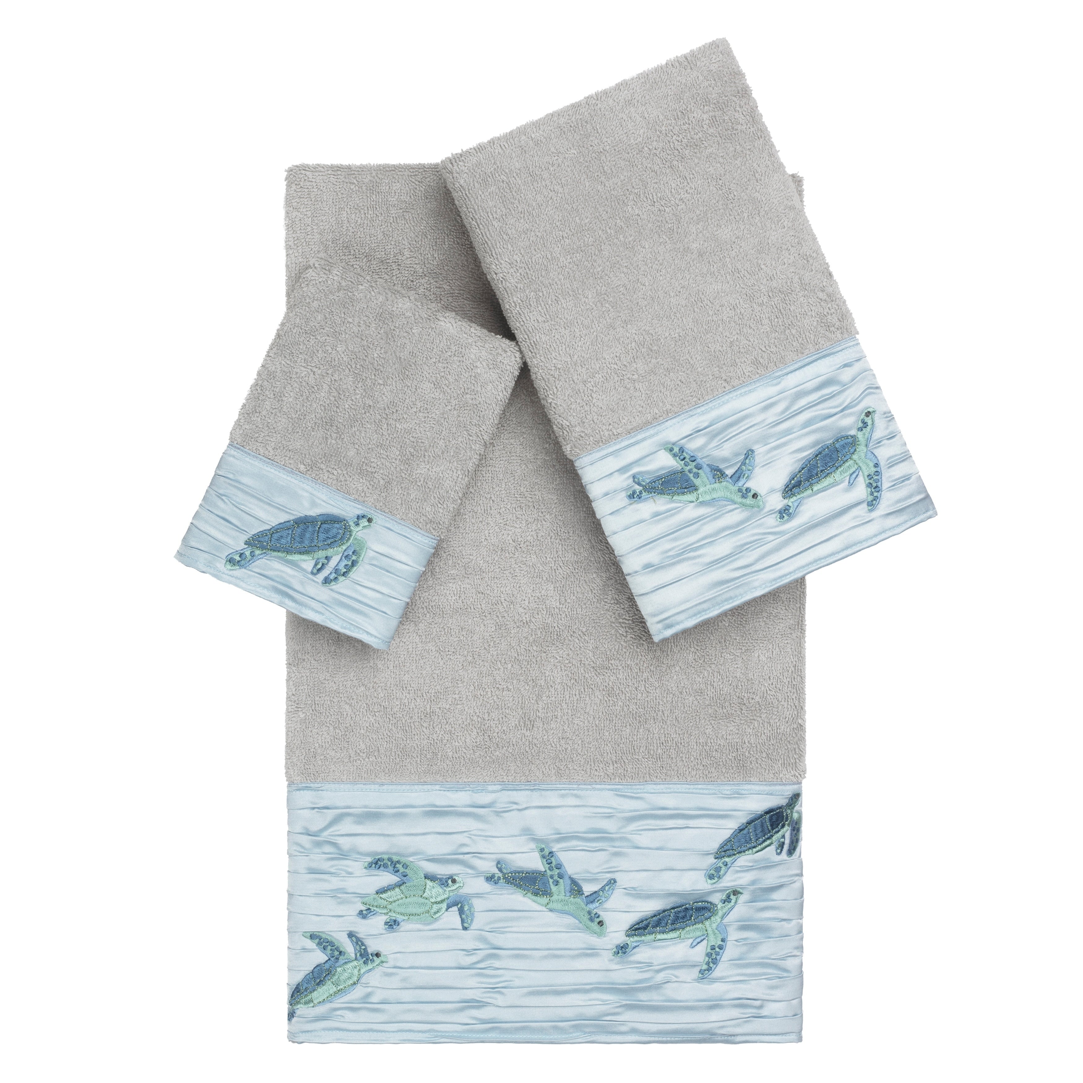 Authentic Hotel And Spa Turkish Cotton Turtles Embroidered Light Grey 3 Piece Towel Set