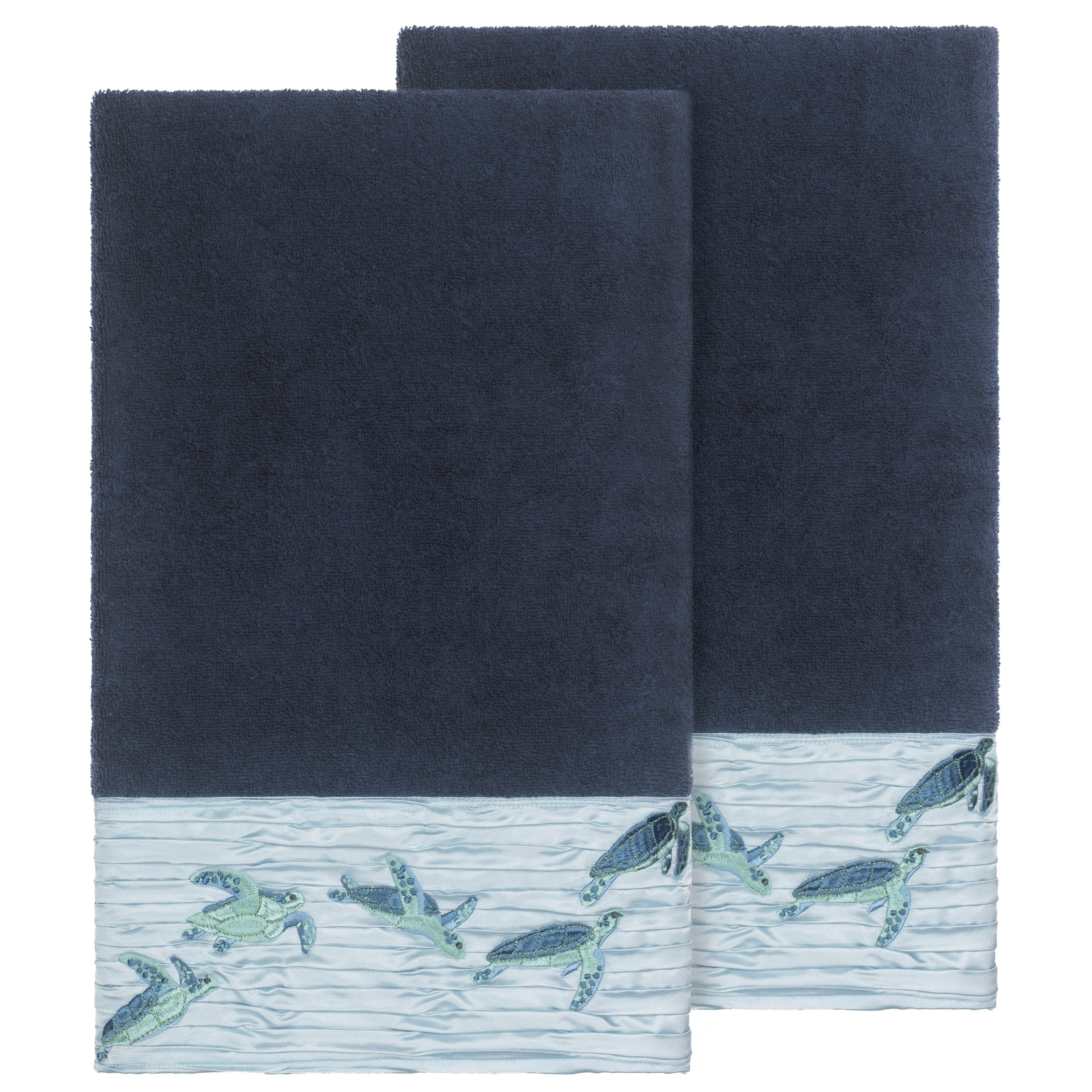 Authentic Hotel And Spa Turkish Cotton Turtles Embroidered Midnight Blue 2 Piece Bath Towel Set