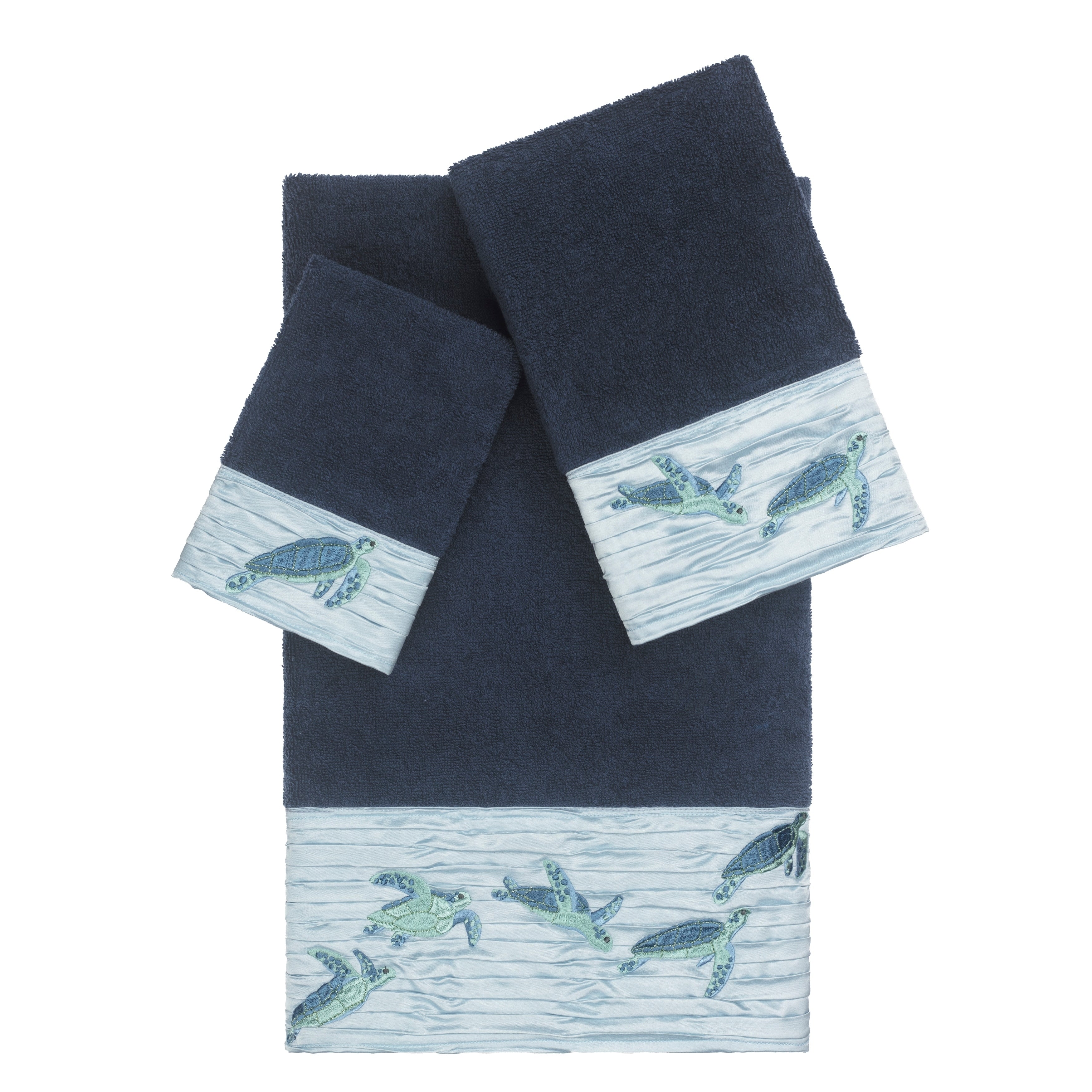 Authentic Hotel And Spa Turkish Cotton Turtles Embroidered Midnight Blue 3 Piece Towel Set