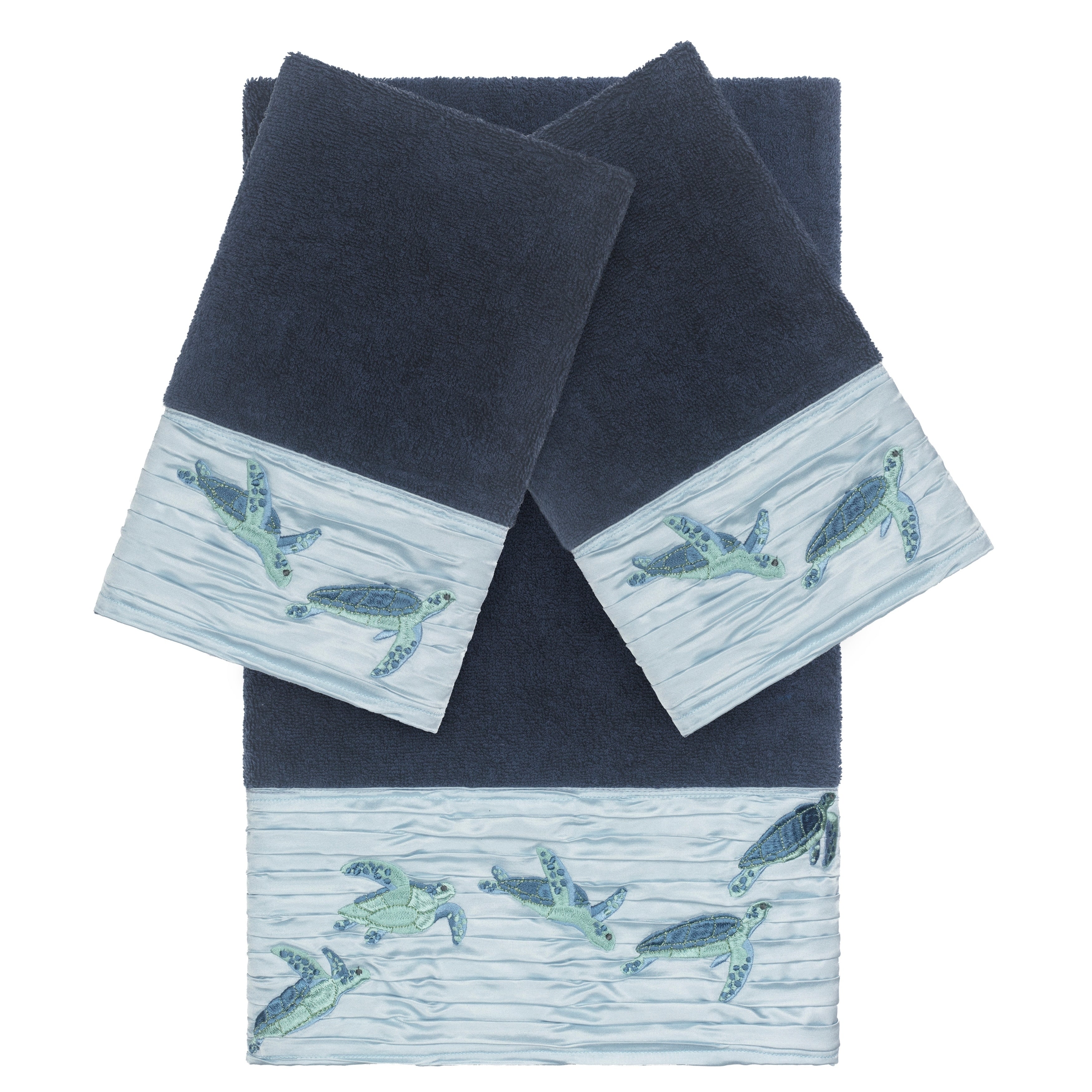 Authentic Hotel And Spa Turkish Cotton Turtles Embroidered Midnight Blue 3 Piece Towel Set