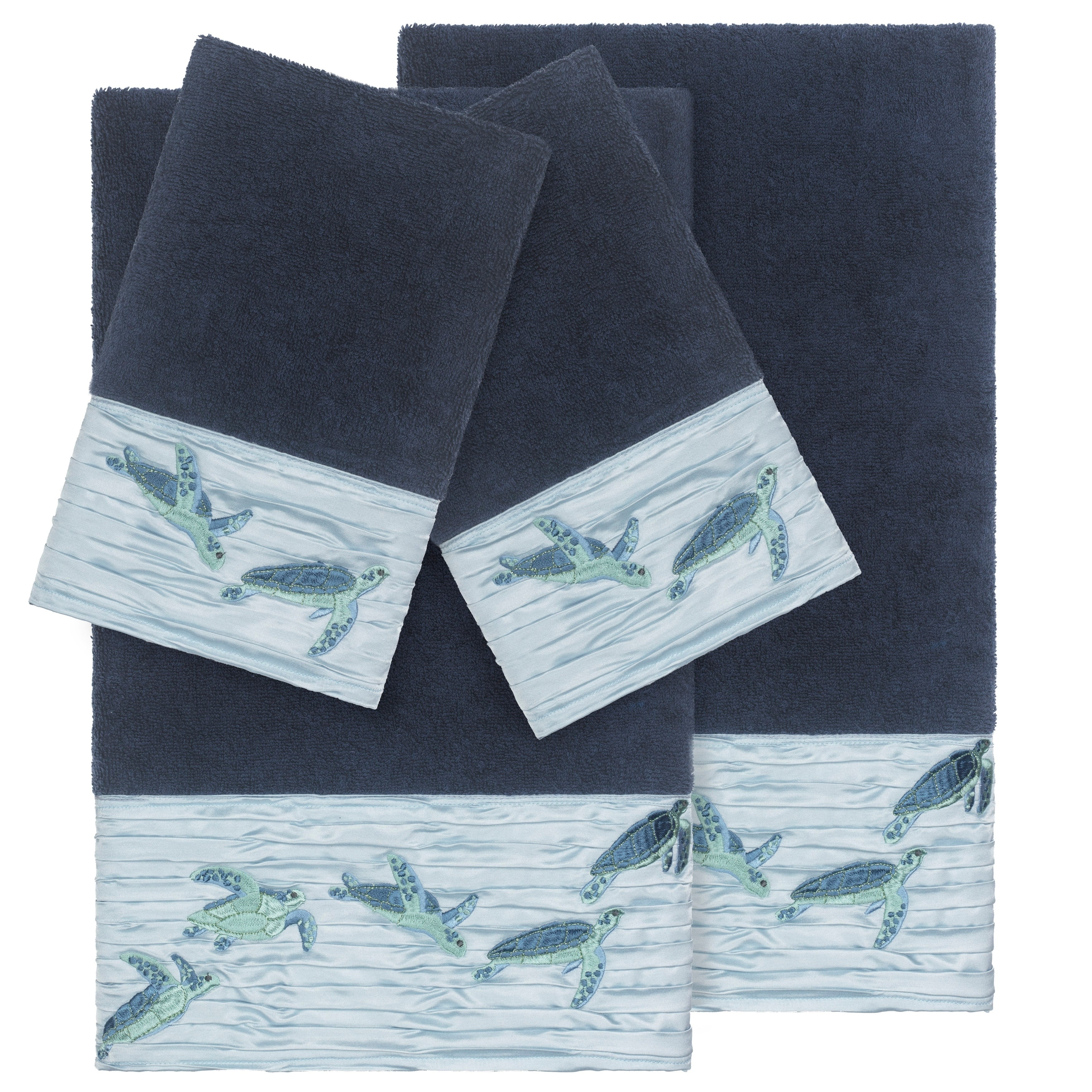 Authentic Hotel And Spa Turkish Cotton Turtles Embroidered Midnight Blue 4 Piece Towel Set