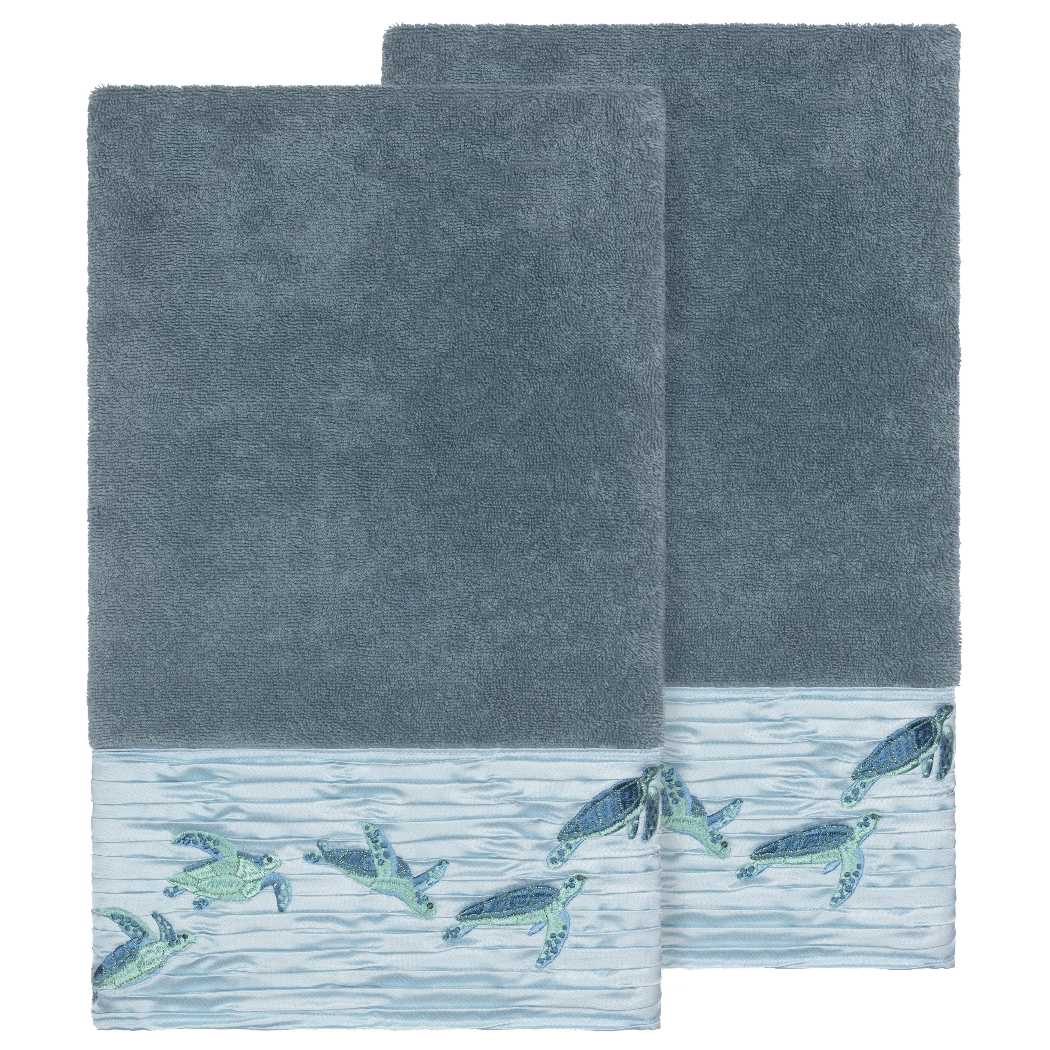 Authentic Hotel And Spa Turkish Cotton Turtles Embroidered Teal Blue 2 Piece Bath Towel Set
