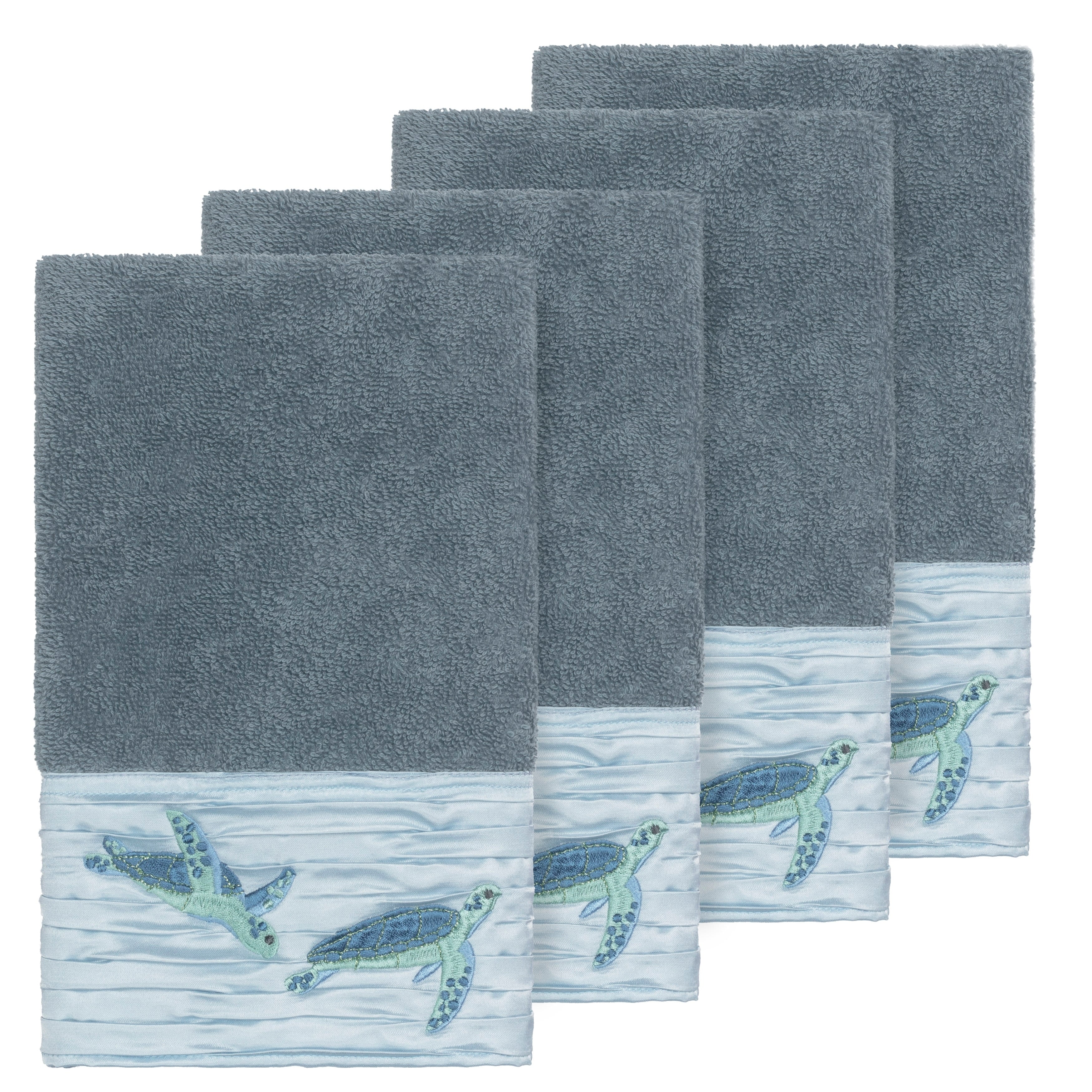 Authentic Hotel And Spa Turkish Cotton Turtles Embroidered Teal Blue 4 Piece Hand Towel Set