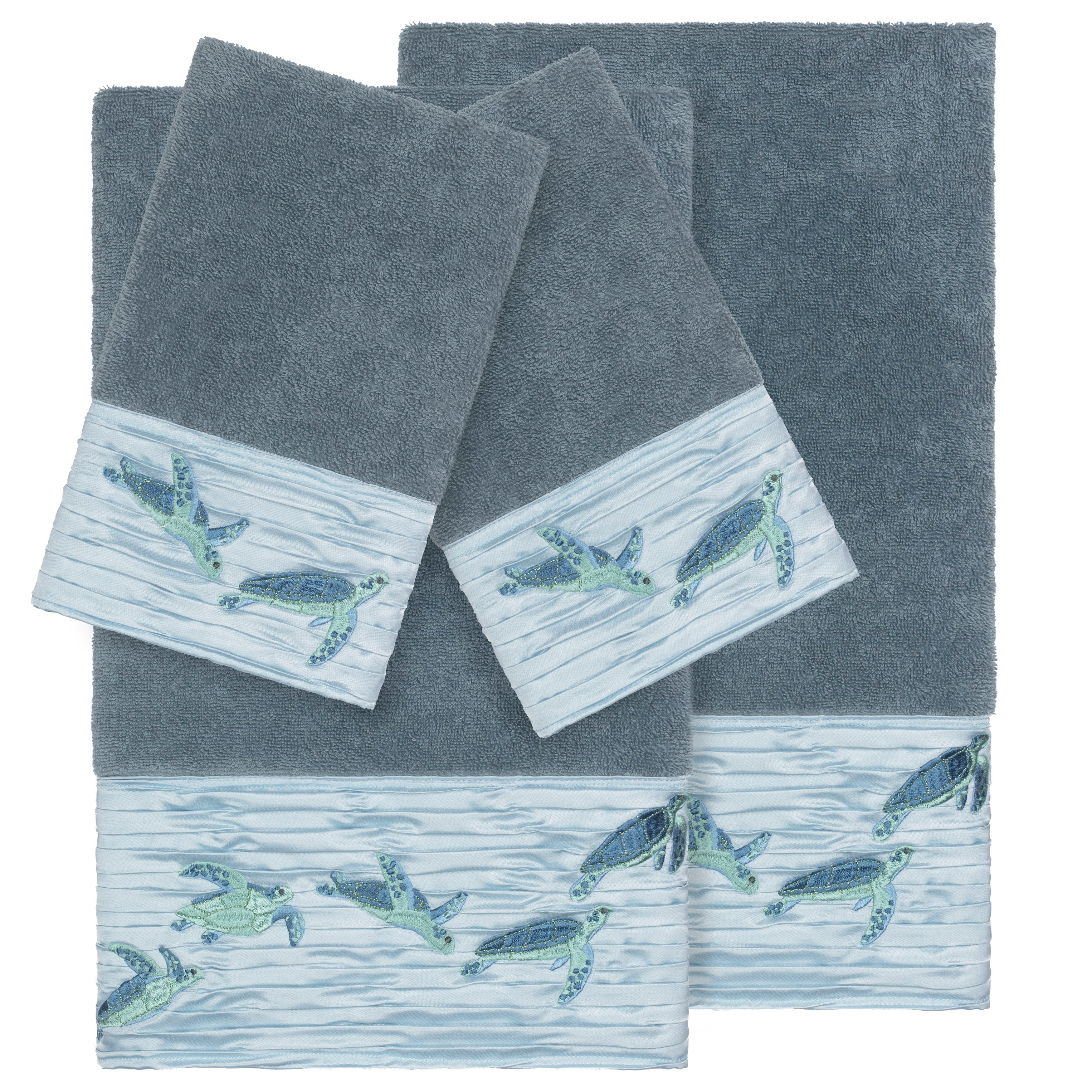Authentic Hotel And Spa Turkish Cotton Turtles Embroidered Teal Blue 4 Piece Towel Set