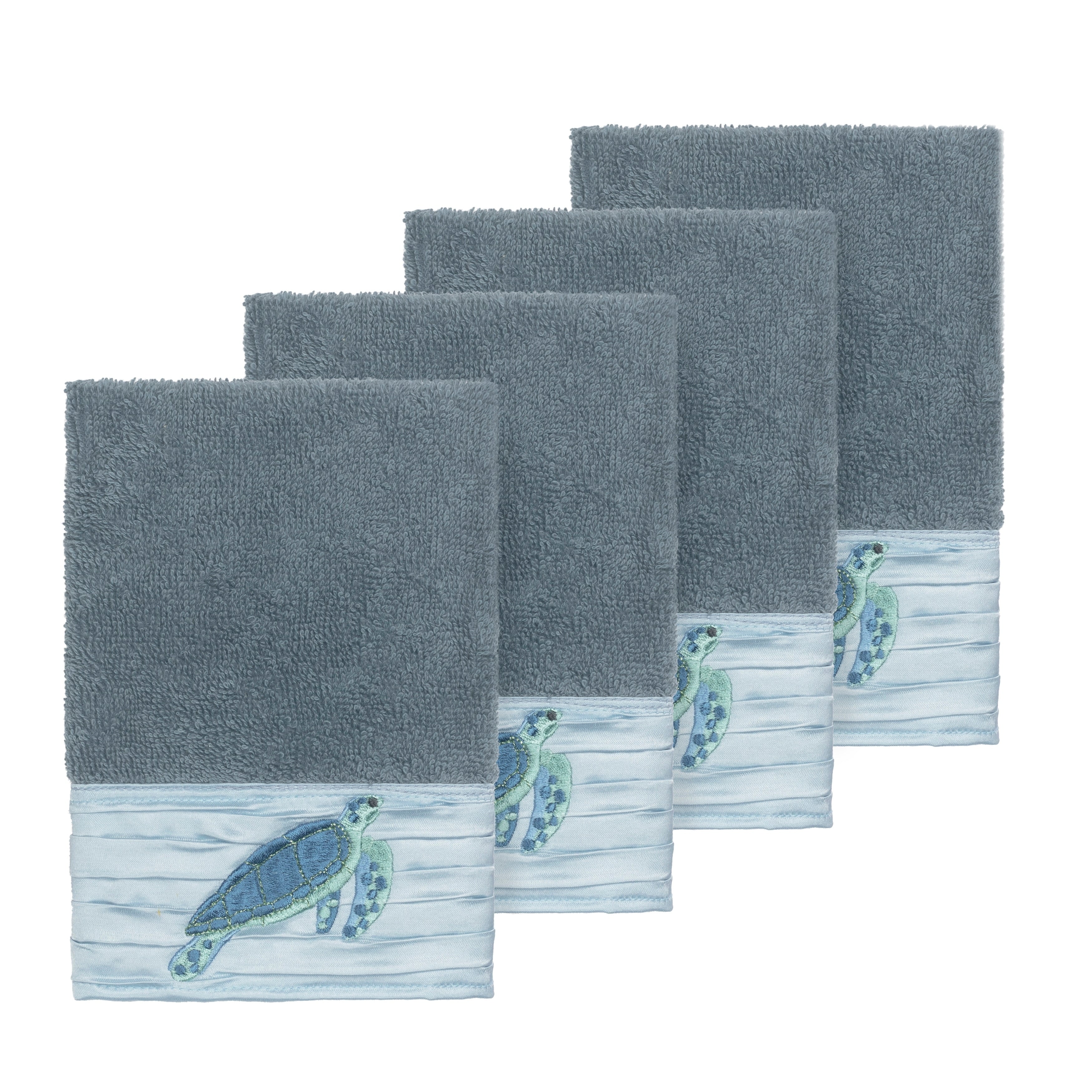 Authentic Hotel And Spa Turkish Cotton Turtles Embroidered Teal Blue 4 Piece Washcloth Set