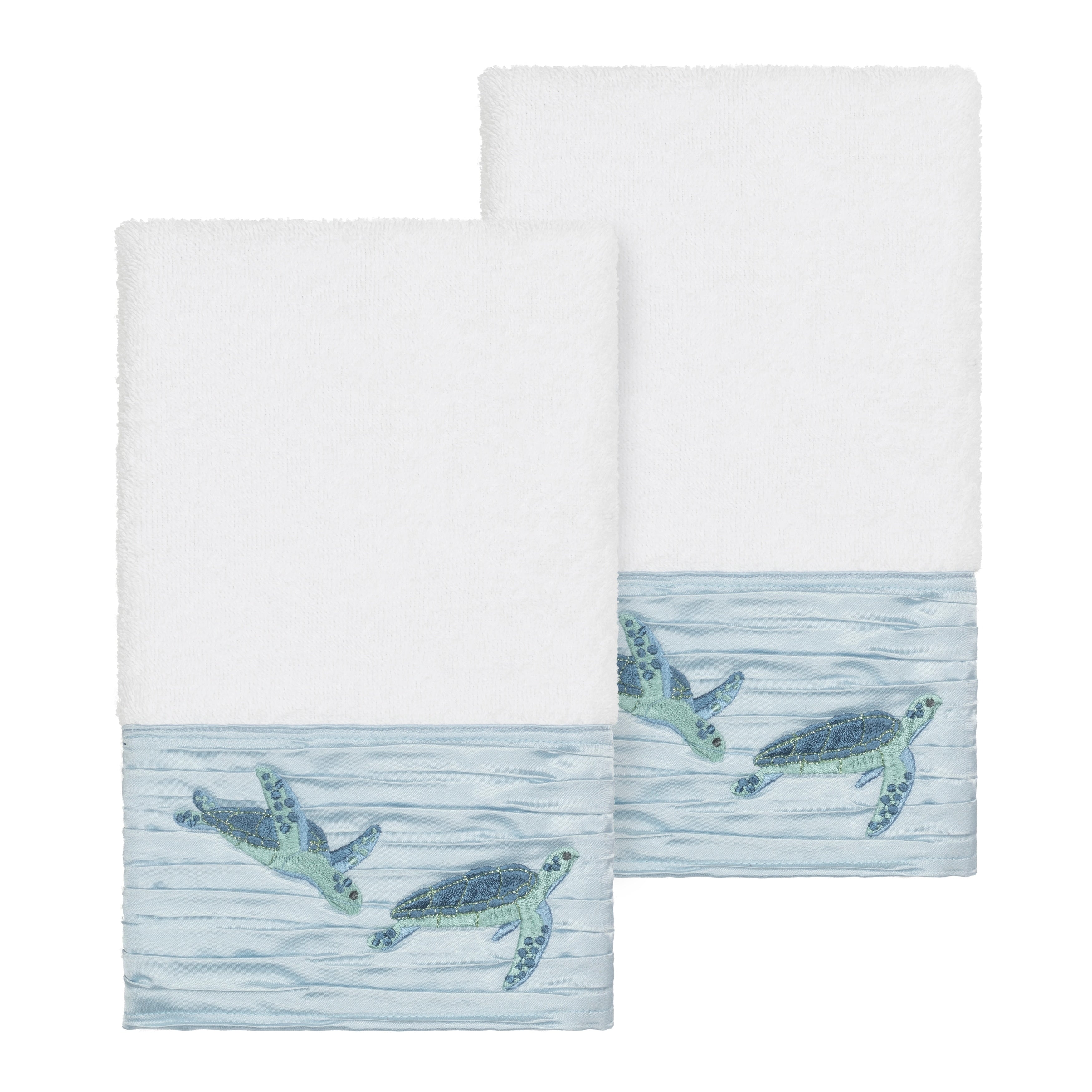 Authentic Hotel And Spa Turkish Cotton Turtles Embroidered White 2 Piece Towel Hand Set