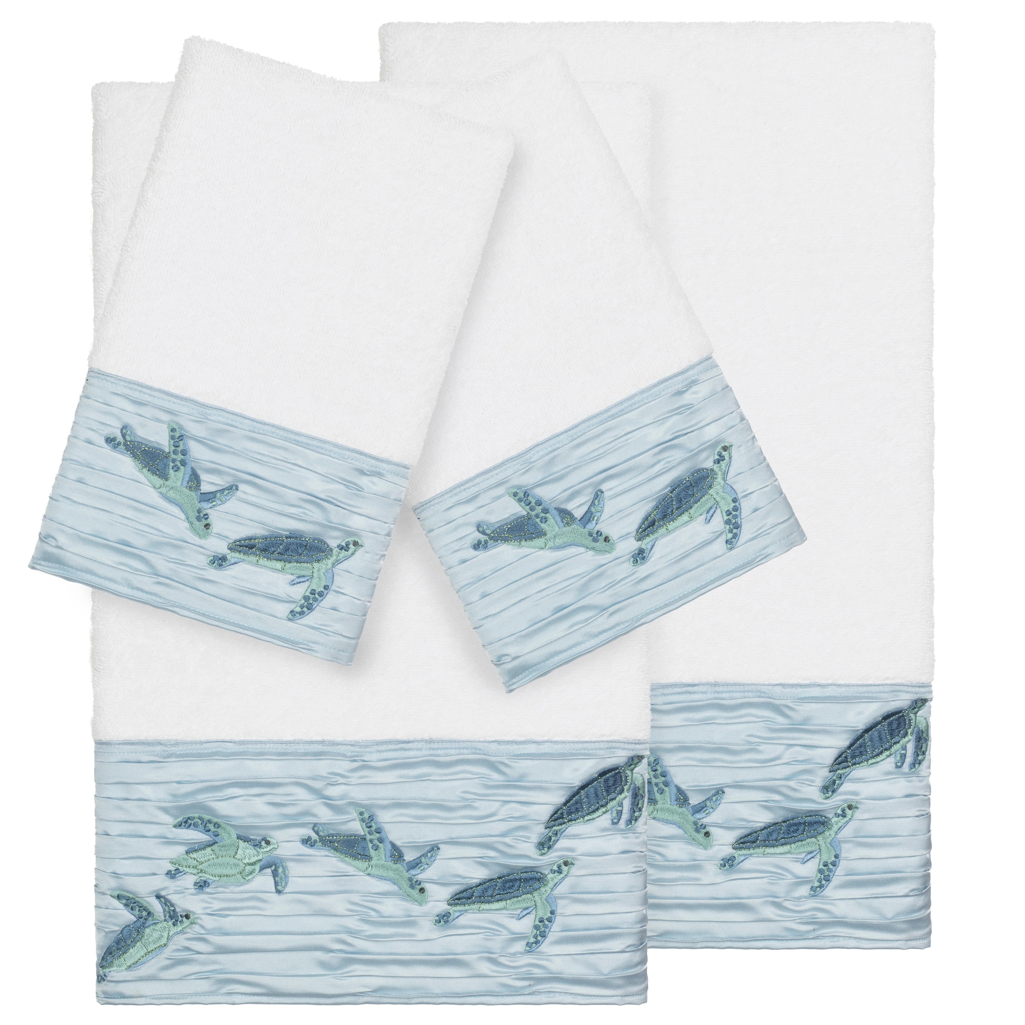 Authentic Hotel And Spa Turkish Cotton Turtles Embroidered White 4 Piece Towel Set