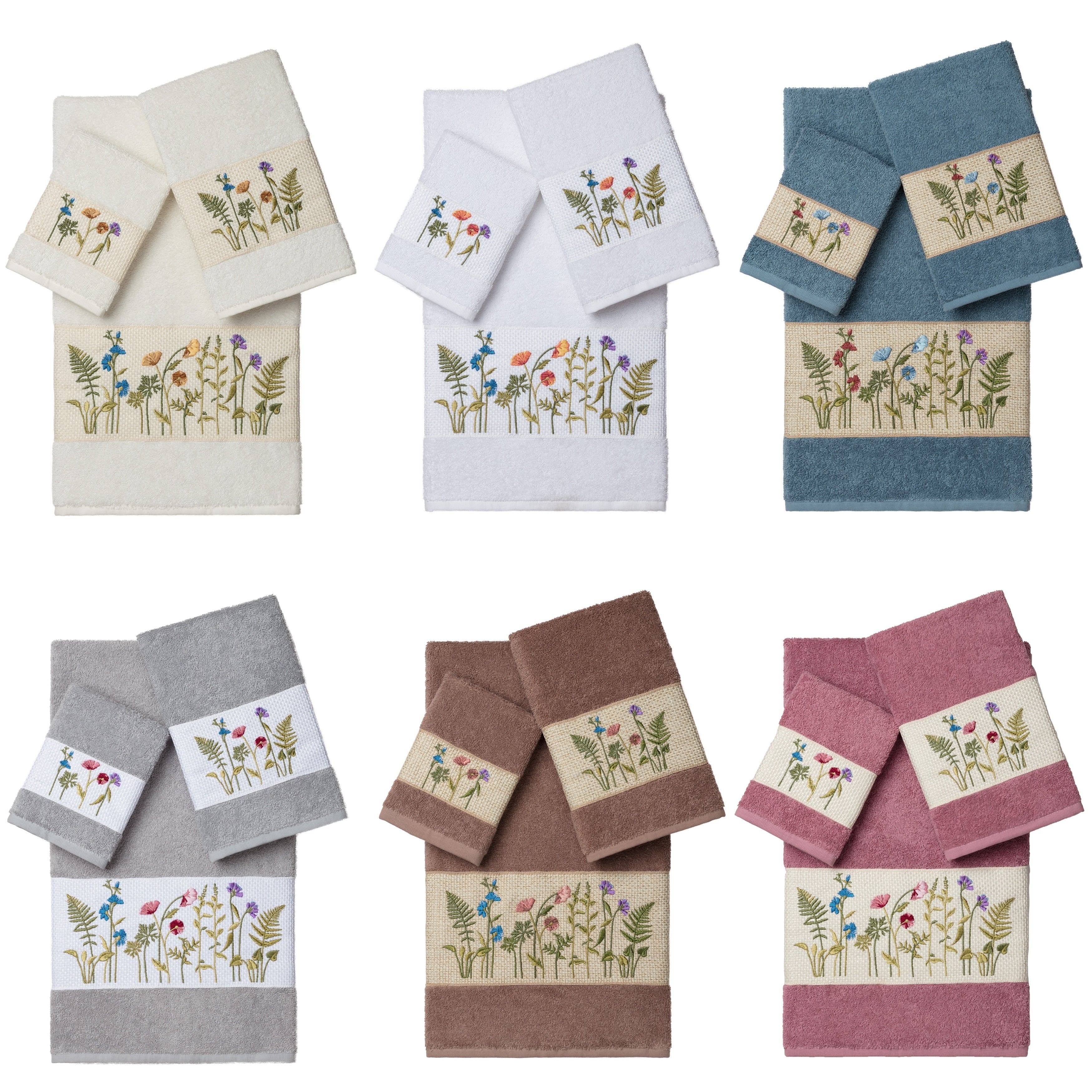 Authentic Hotel And Spa Turkish Cotton Wildflowers Embroidered 3 Piece Towel Set