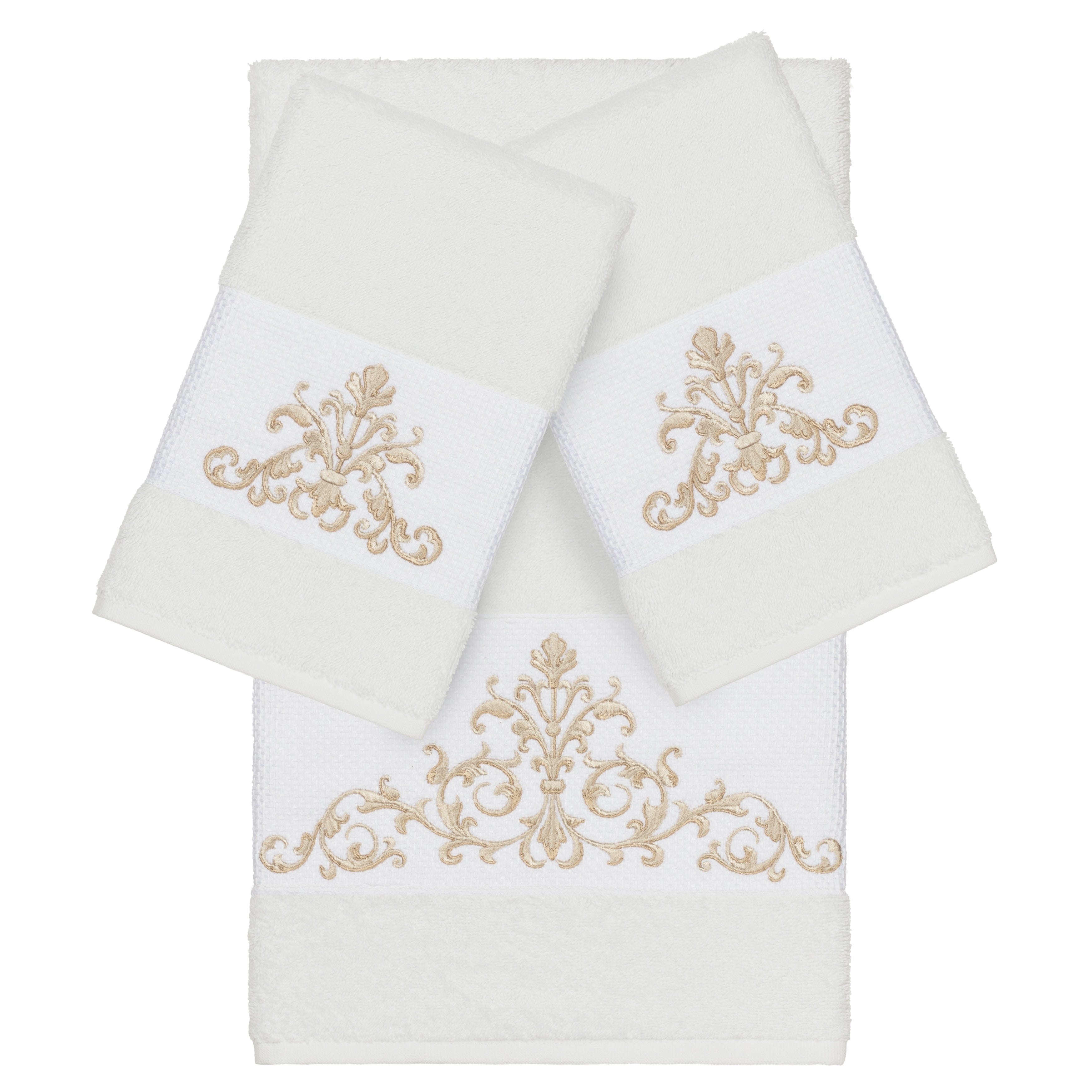 Authentic Hotel And Spa White Turkish Cotton Scrollwork Embroidered 3 Piece Towel Set