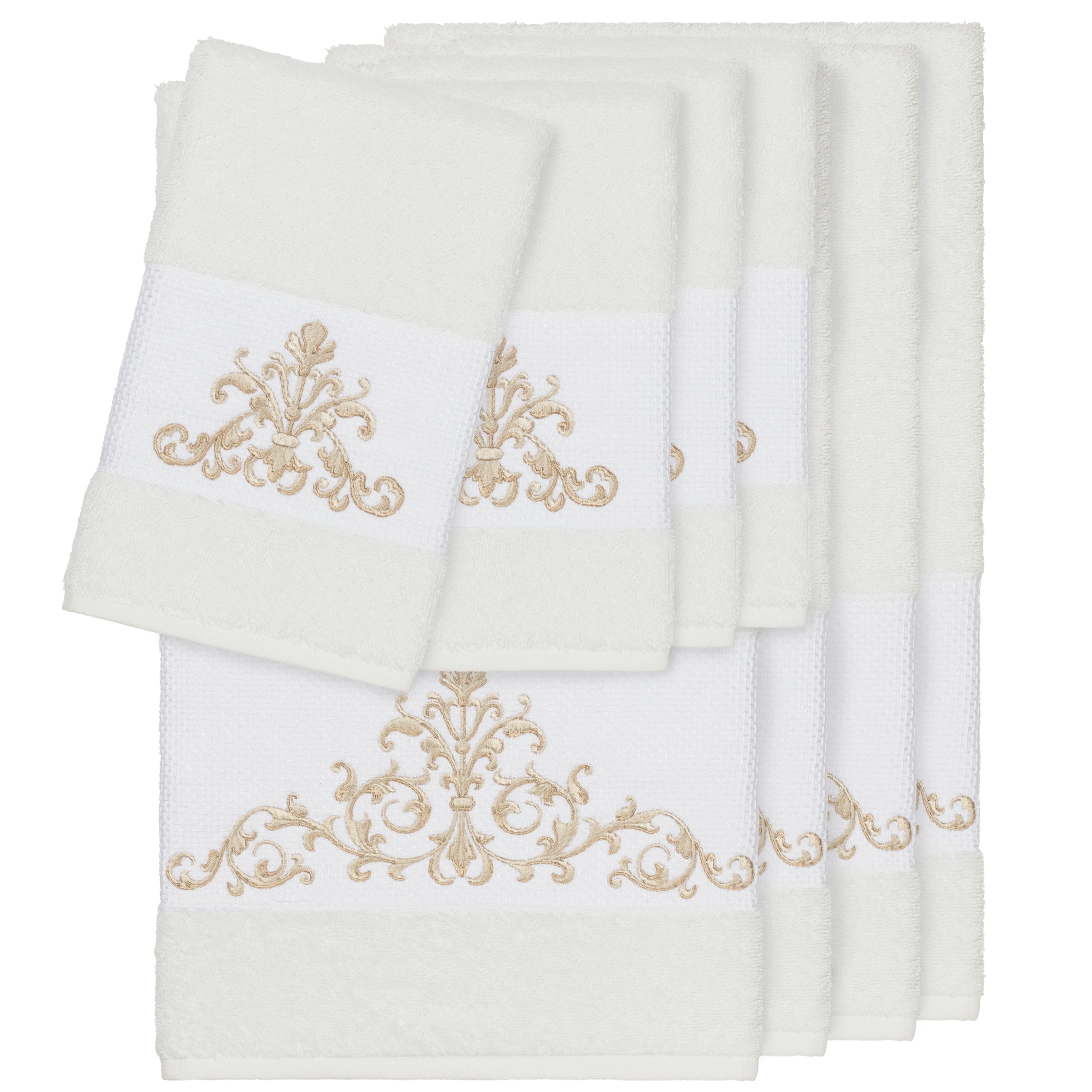 Authentic Hotel And Spa White Turkish Cotton Scrollwork Embroidered 8 Piece Towel Set