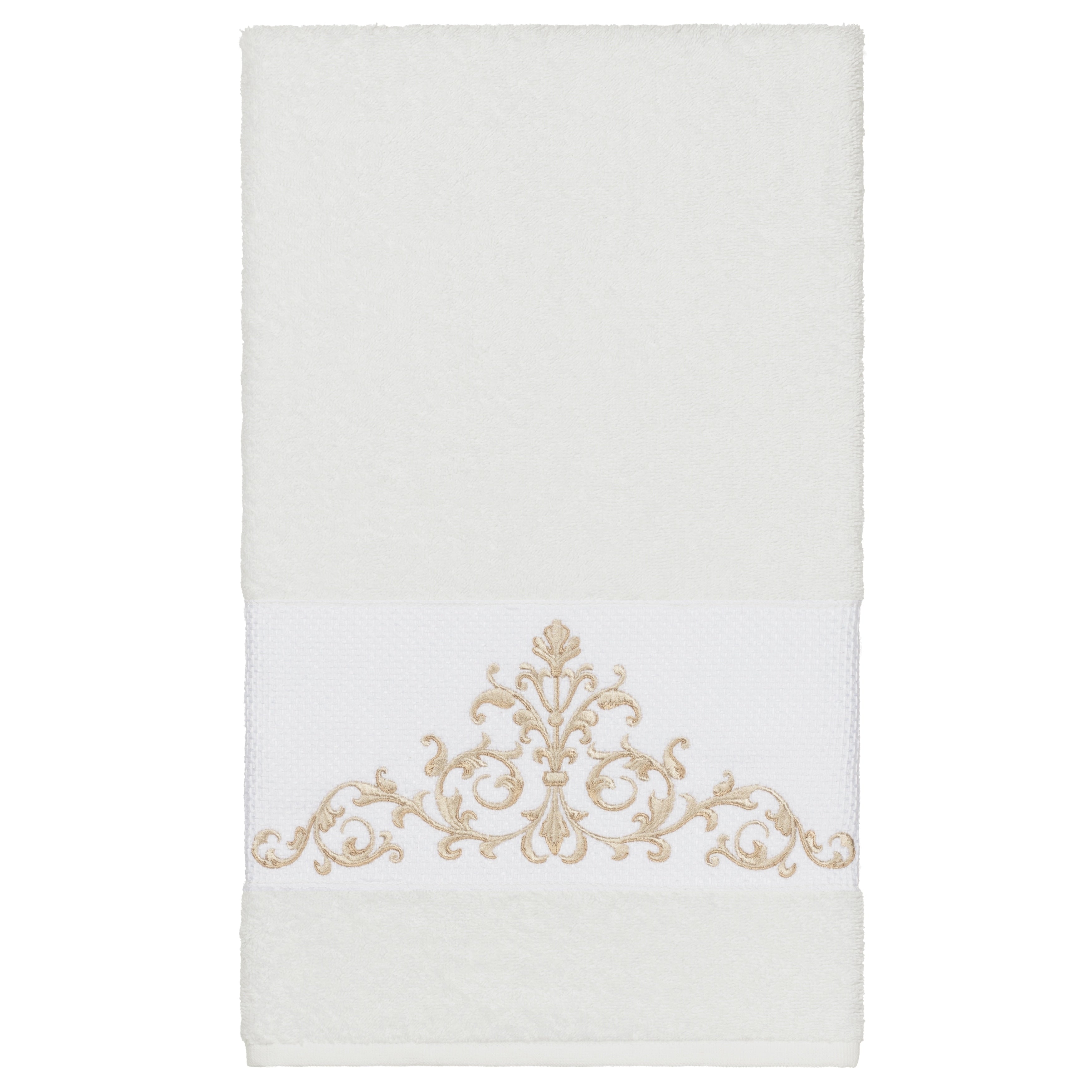 Authentic Hotel And Spa White Turkish Cotton Scrollwork Embroidered Bath Towel