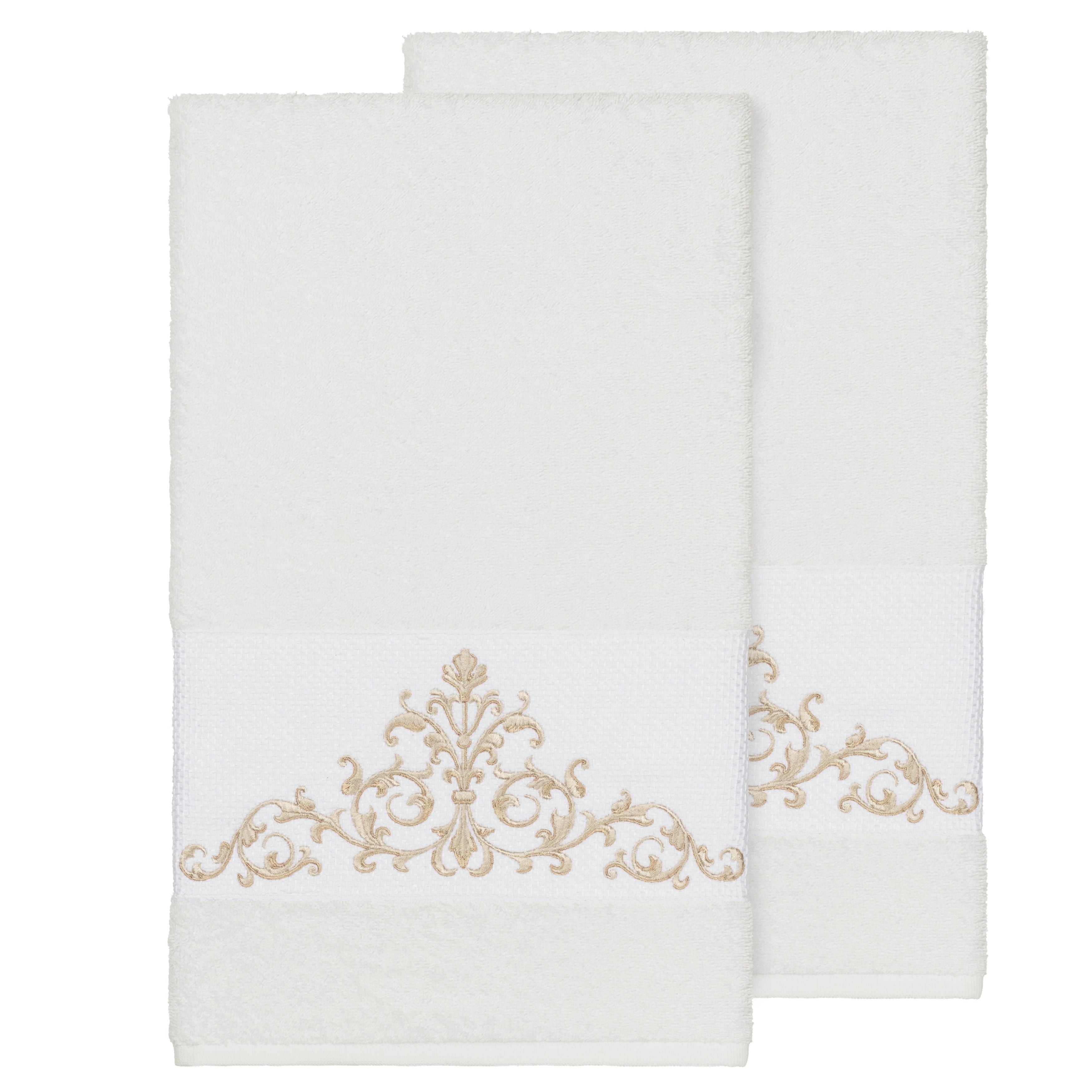 Authentic Hotel And Spa White Turkish Cotton Scrollwork Embroidered Bath Towels Set Of 2