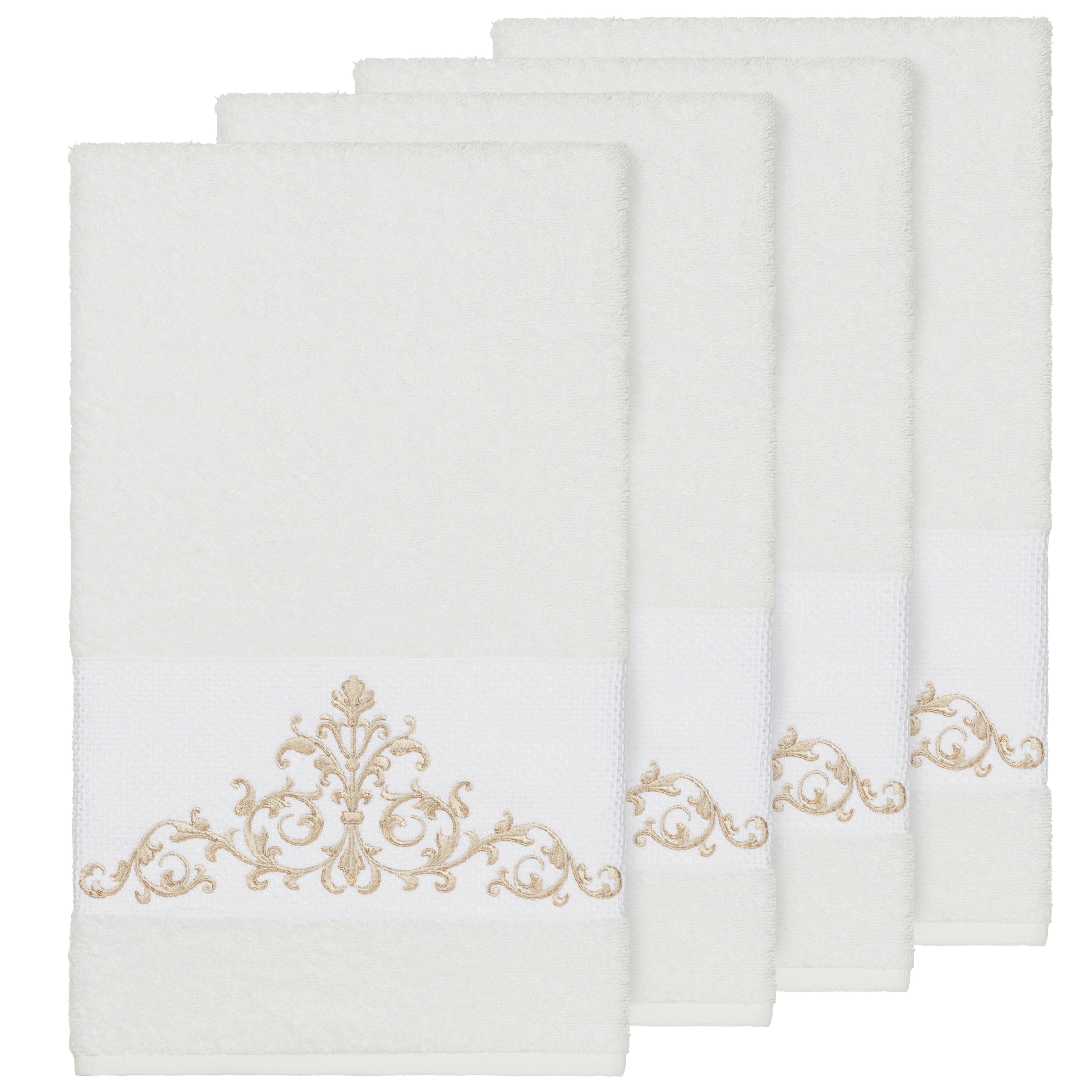 Authentic Hotel And Spa White Turkish Cotton Scrollwork Embroidered Bath Towels Set Of 4