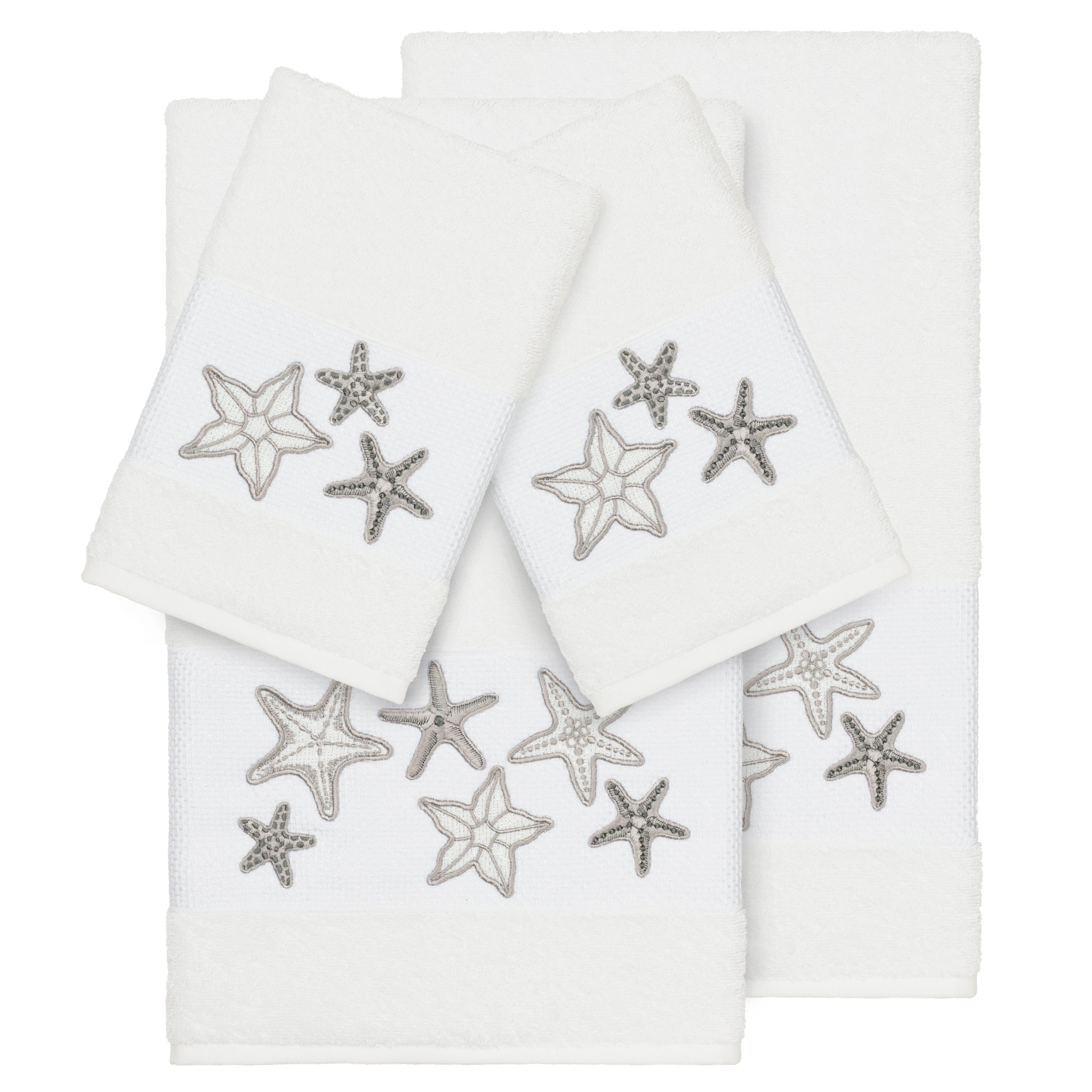 Authentic Hotel And Spa White Turkish Cotton Starfish Embroidered 4 Piece Towel Set