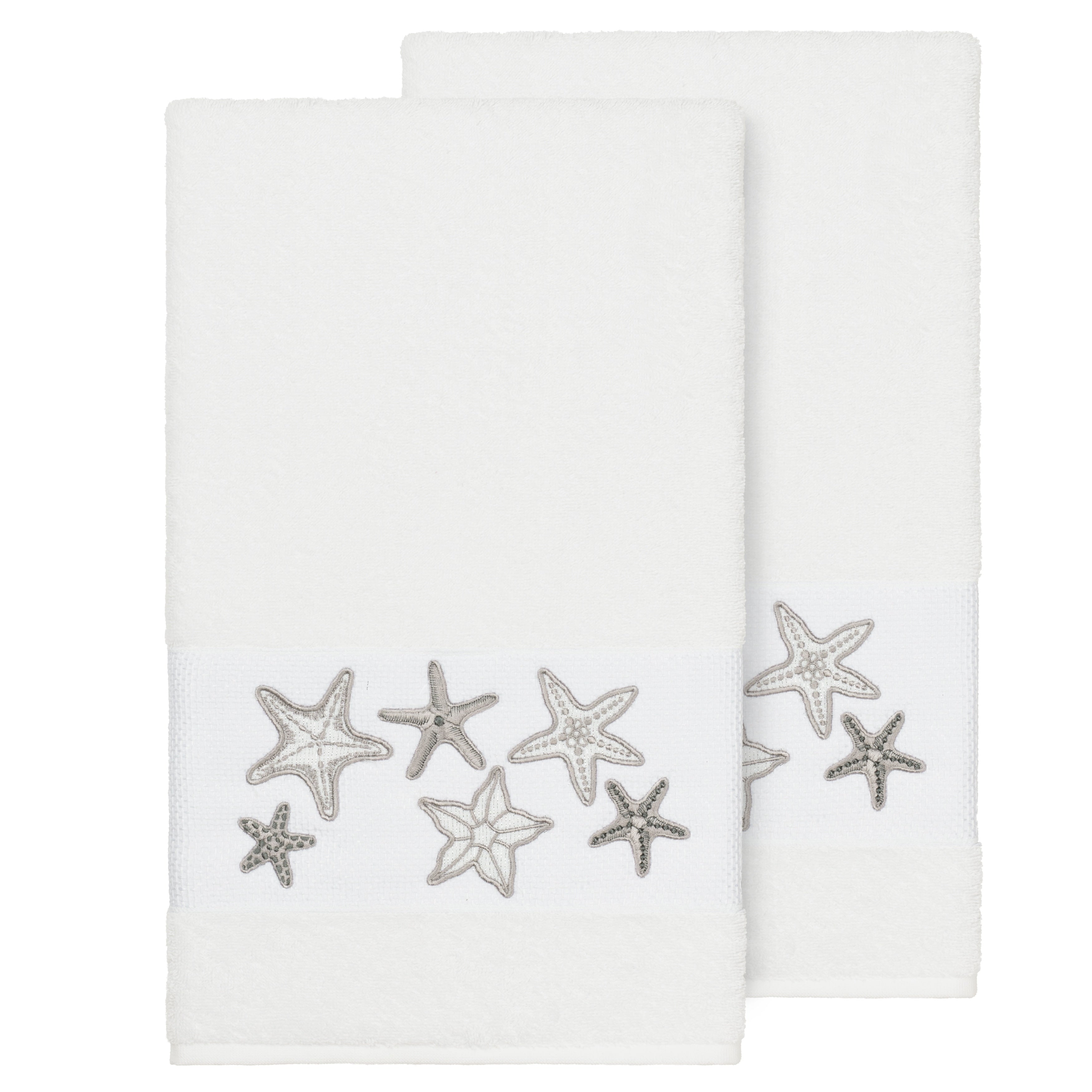 Authentic Hotel And Spa White Turkish Cotton Starfish Embroidered Bath Towels Set Of 2